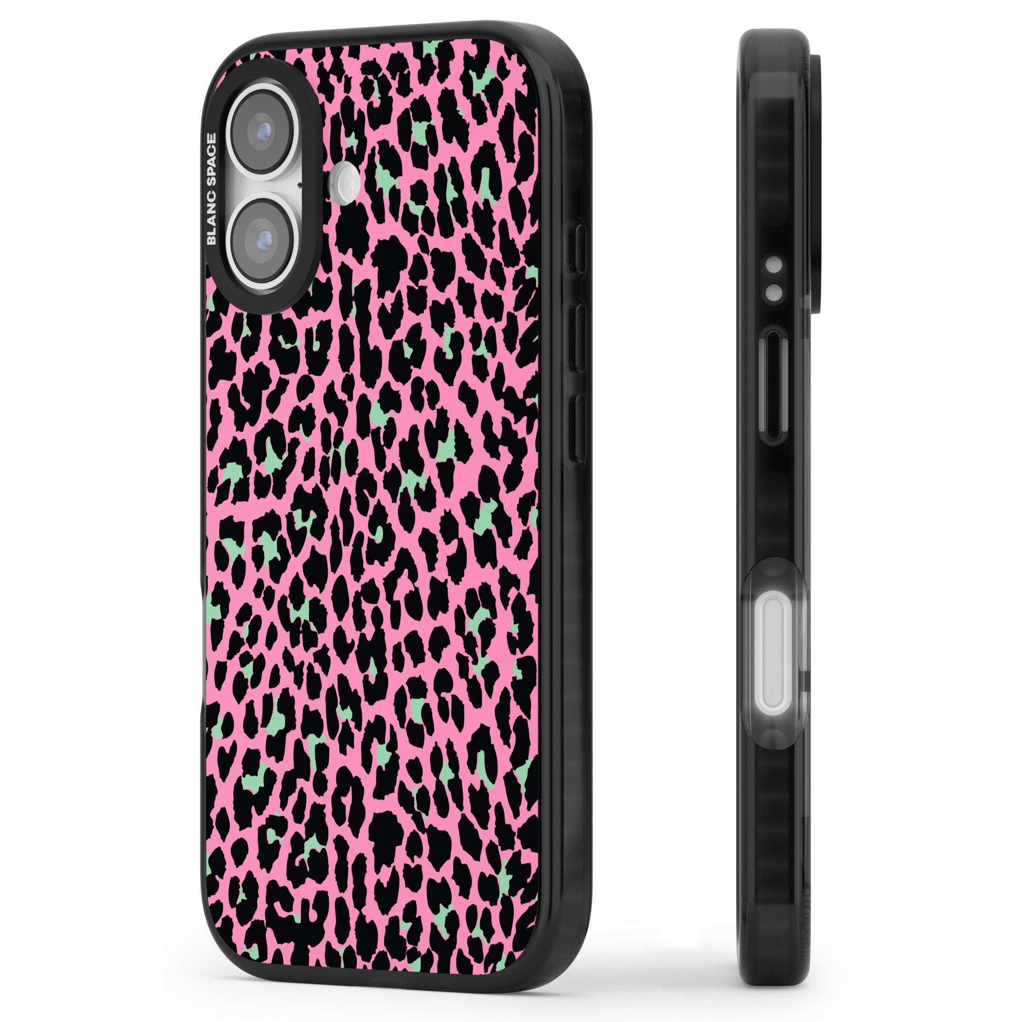 Pink & Green Leopard iPhone 17 Impact Pro Black Phone Case Side Profile