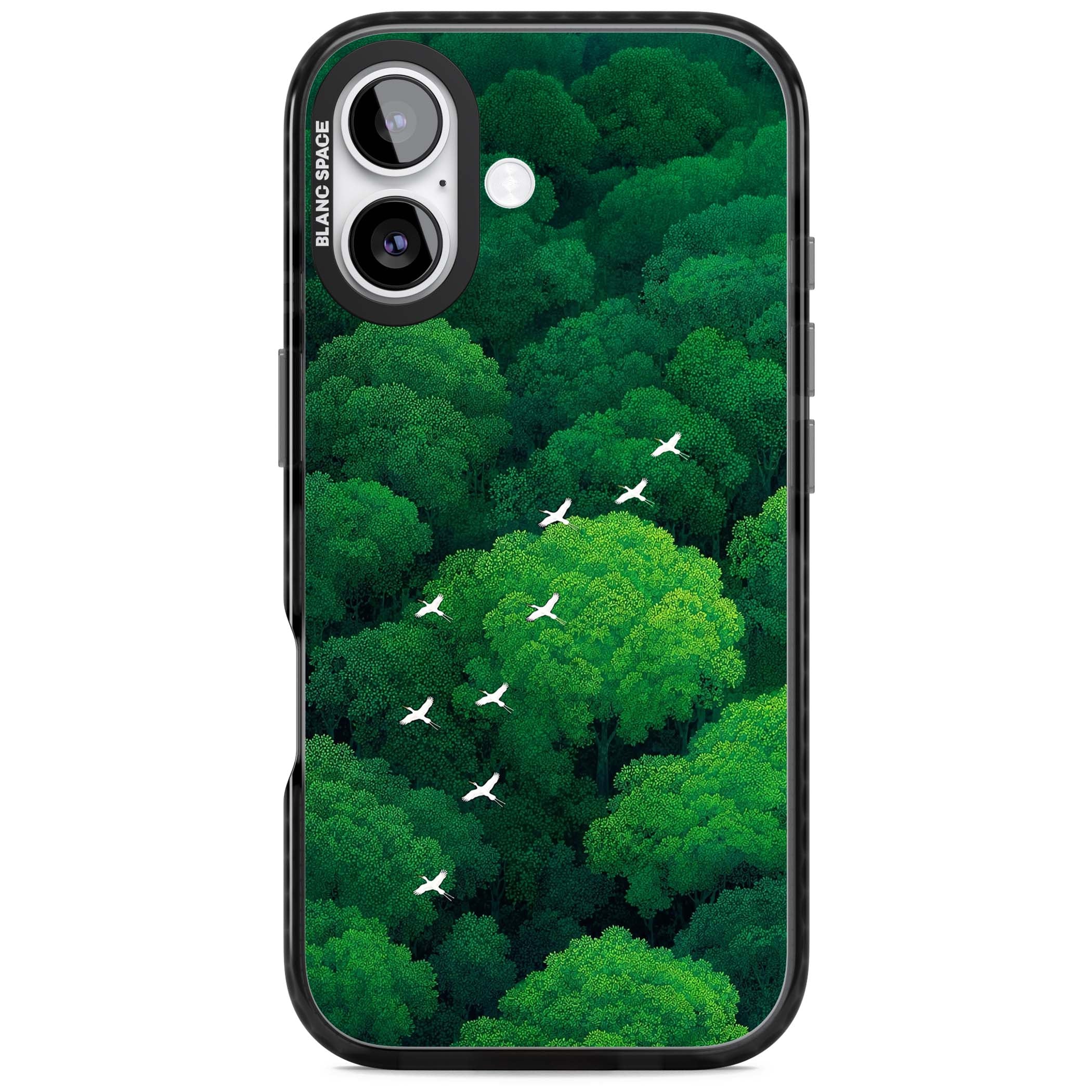 Grove Migration forest iPhone case featuring white cranes flying over lush green treetop canopy | Black Impact Magsafe case for iPhone 17
