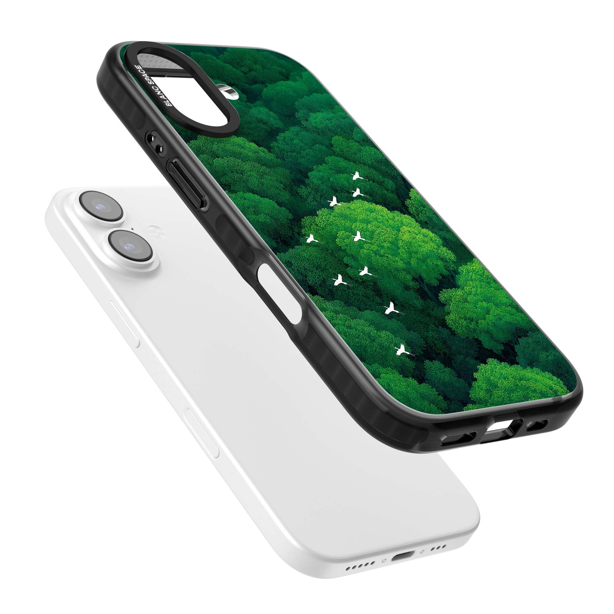 Grove Migration forest iPhone case featuring white cranes flying over lush green treetop canopy | Black Impact Magsafe case for iPhone 17