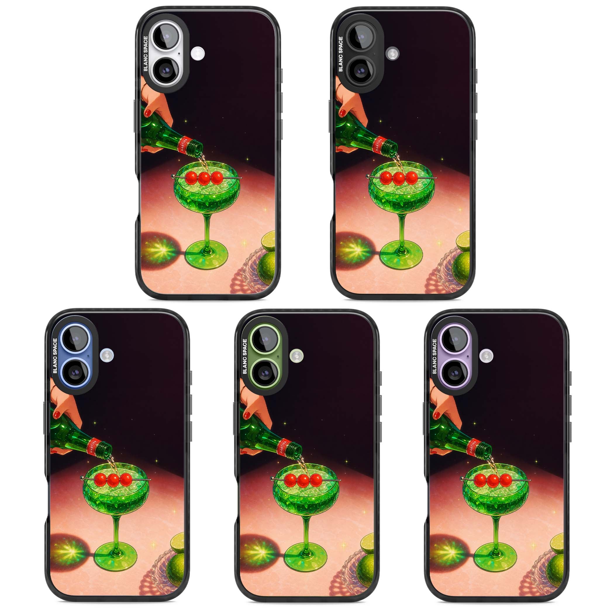 Absinthe Hour cocktail iPhone case featuring a green coupe glass, cherry garnish and vintage bottle pour illustration | Black Impact Magsafe case for iPhone 17