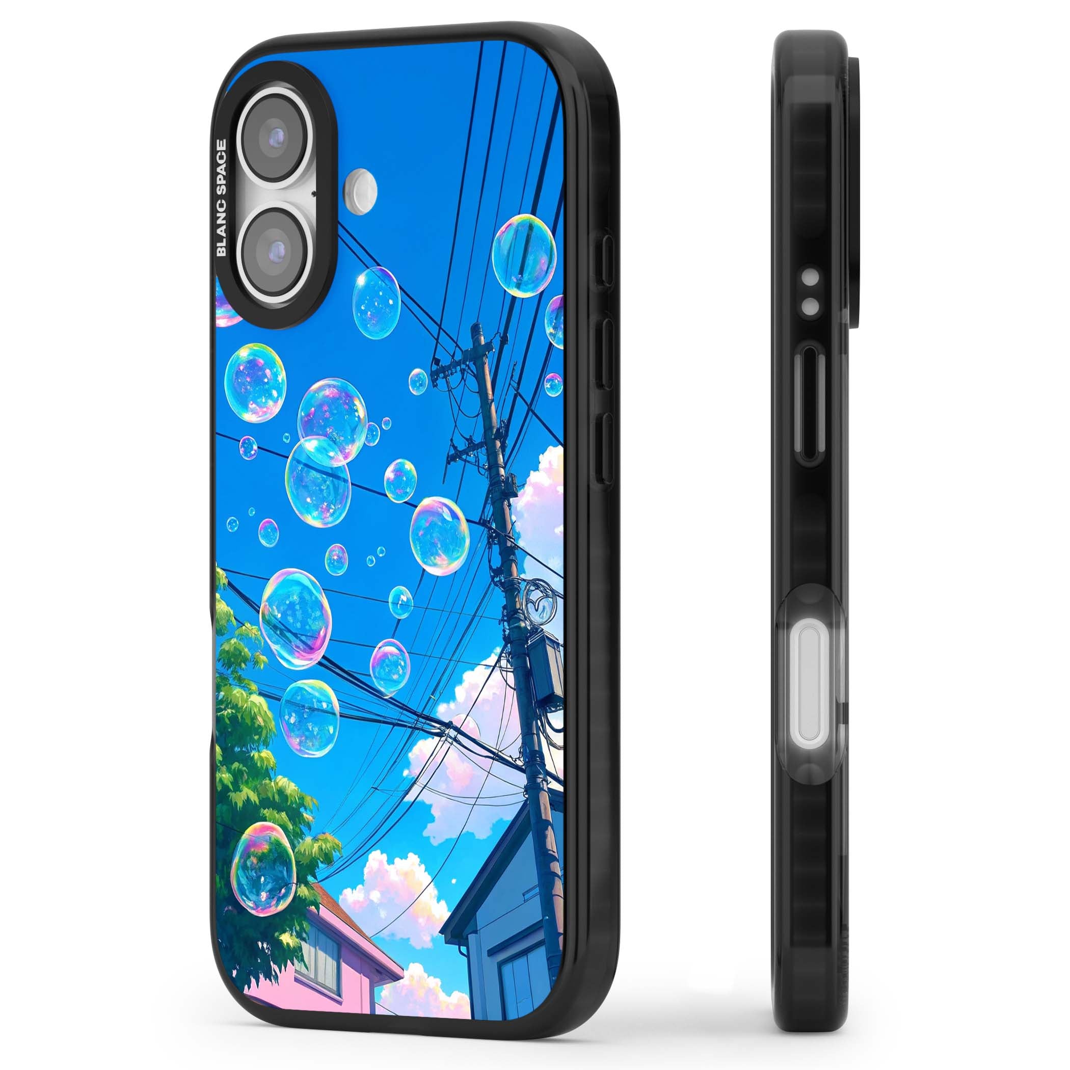 Suburban Bubbles anime iPhone case featuring iridescent soap bubbles, blue sky and Japanese telephone wires | Black Impact Magsafe case for iPhone 17