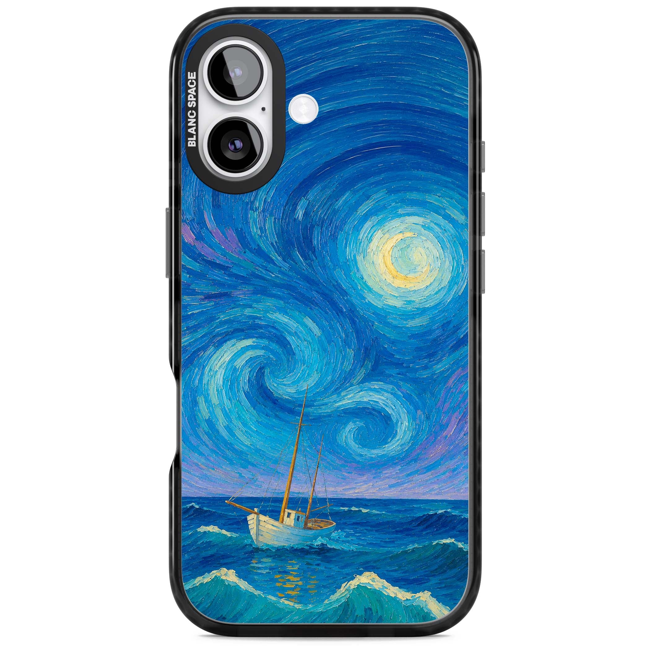 Moonlit Tide Van Gogh art iPhone case featuring swirling starry night sky, glowing moon and lone sailing boat at sea | Black Impact Magsafe case for iPhone 17