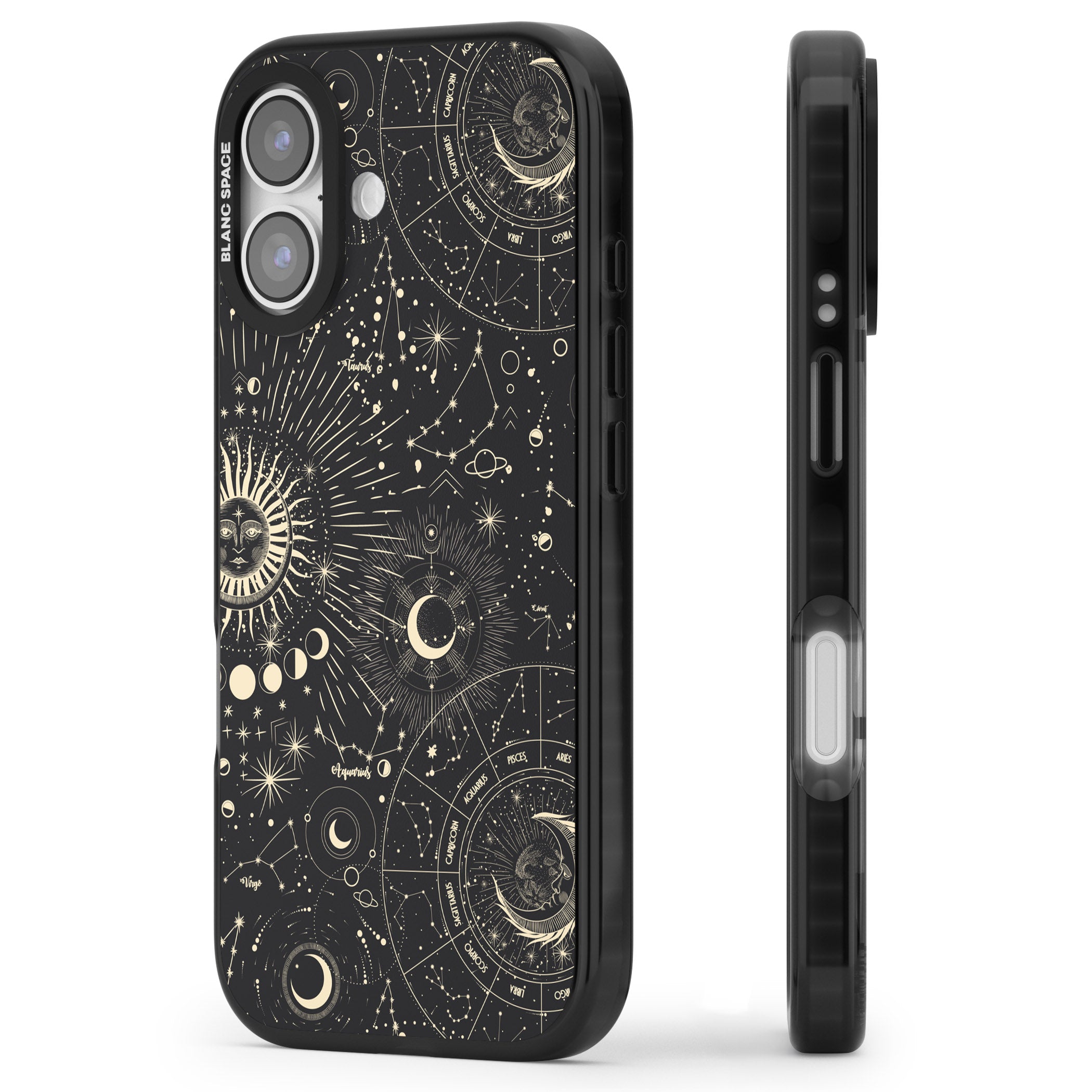 Suns & Zodiac Celestial Chart iPhone 17 Impact Pro Black Phone Case Side Profile