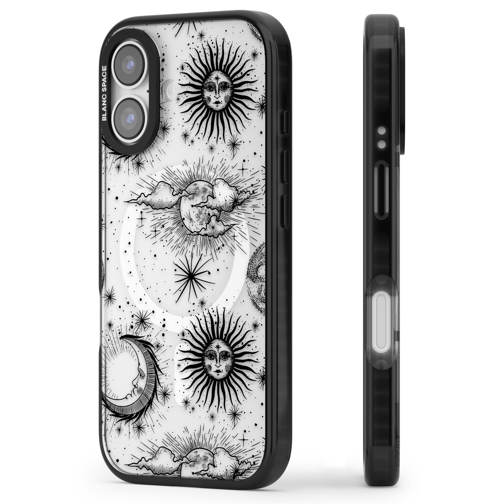 Suns, Moons & Clouds iPhone 17 Impact Pro Black Phone Case Side Profile