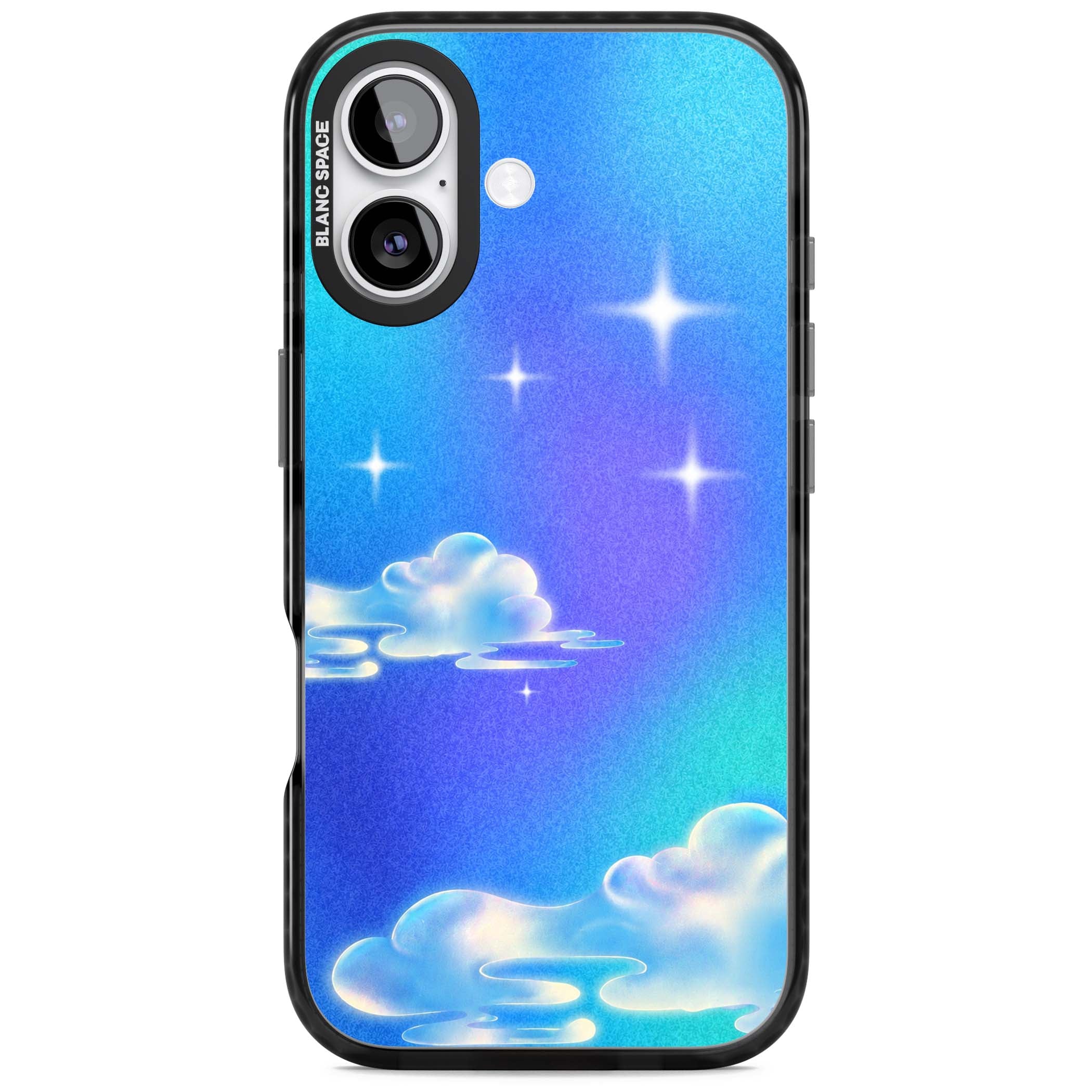 Aurora celestial iPhone case featuring dreamy iridescent clouds, sparkling stars and pastel blue purple sky | Black Impact Magsafe case for iPhone 17