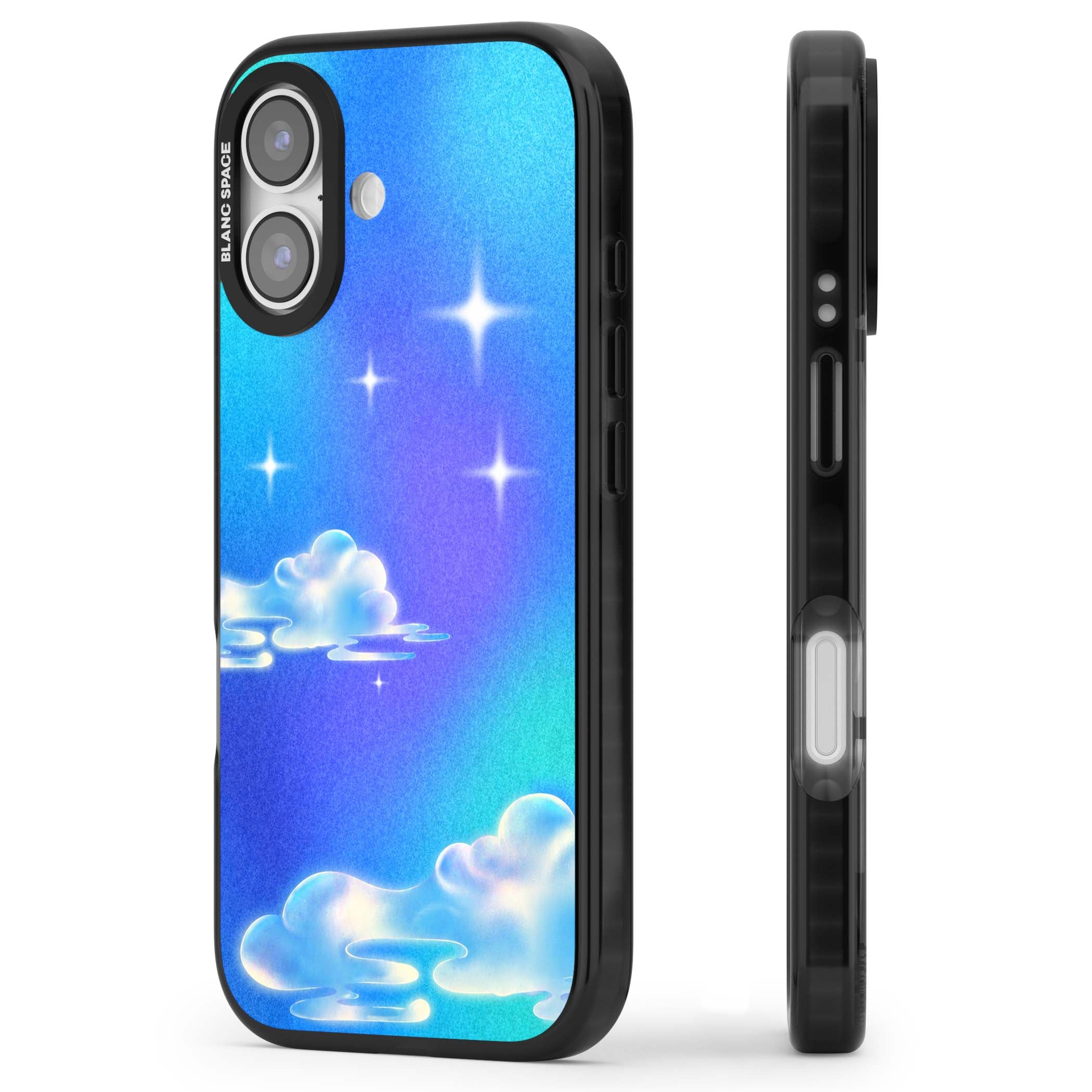 Aurora celestial iPhone case featuring dreamy iridescent clouds, sparkling stars and pastel blue purple sky | Black Impact Magsafe case for iPhone 17