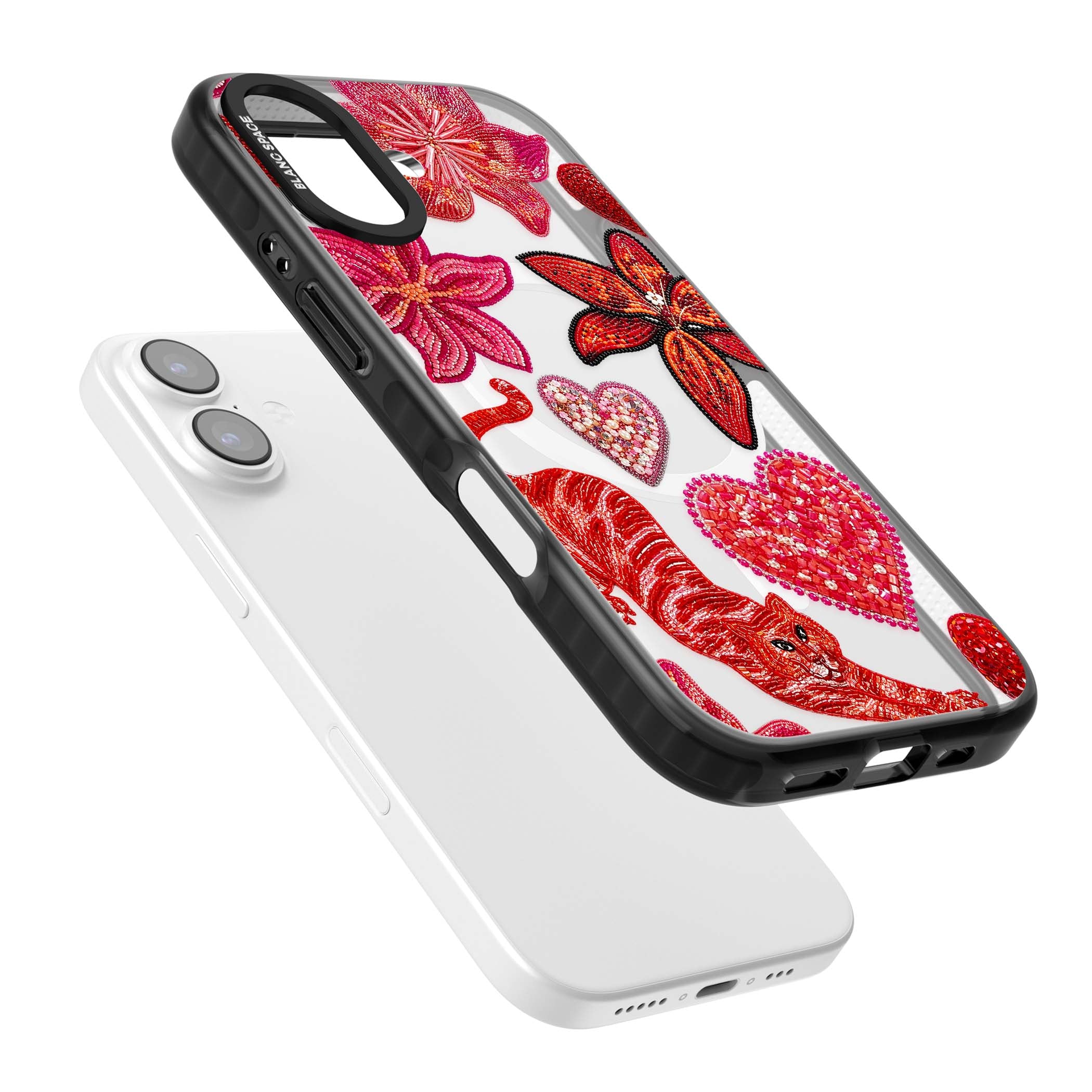 Beaded Boho floral iPhone case featuring beaded red lilies, a stitched tiger, and pearl-encrusted hearts on clear | Black Impact Magsafe case for iPhone 17