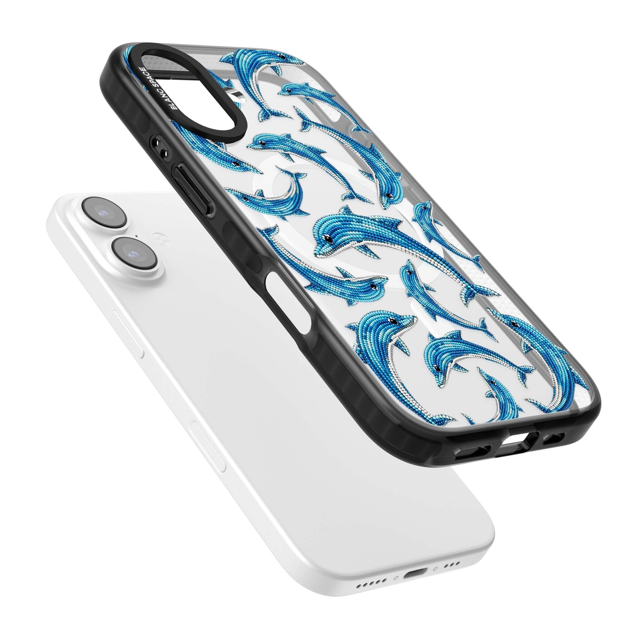 Beaded Dolphins coastal iPhone case featuring beaded dolphins in blue and white swimming across a clear background | Black Impact Magsafe case for iPhone 17