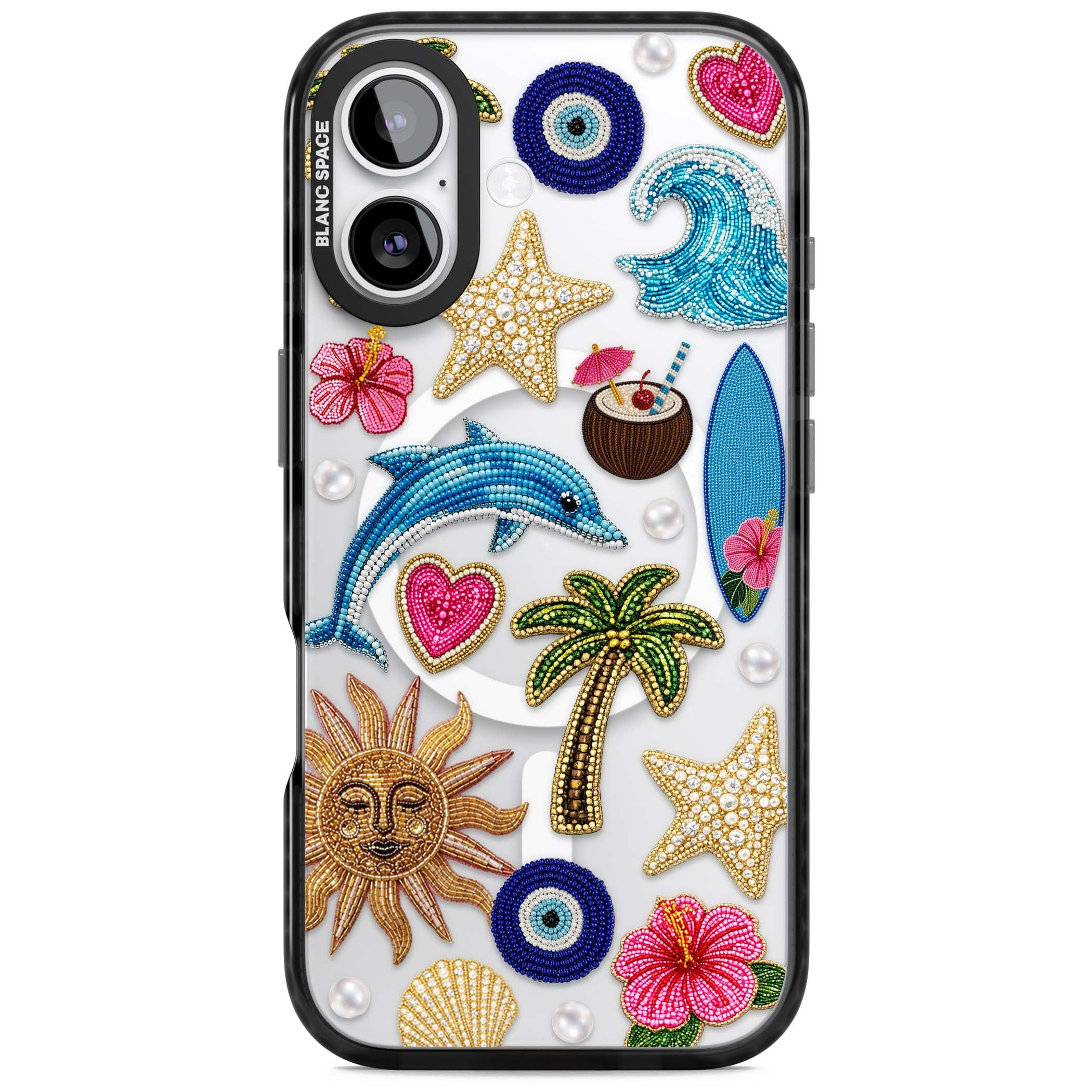 Beaded Beach coastal summer iPhone case featuring embroidered evil eye, hibiscus flowers, dolphin and palm tree patches | Black Impact Magsafe case for iPhone 17