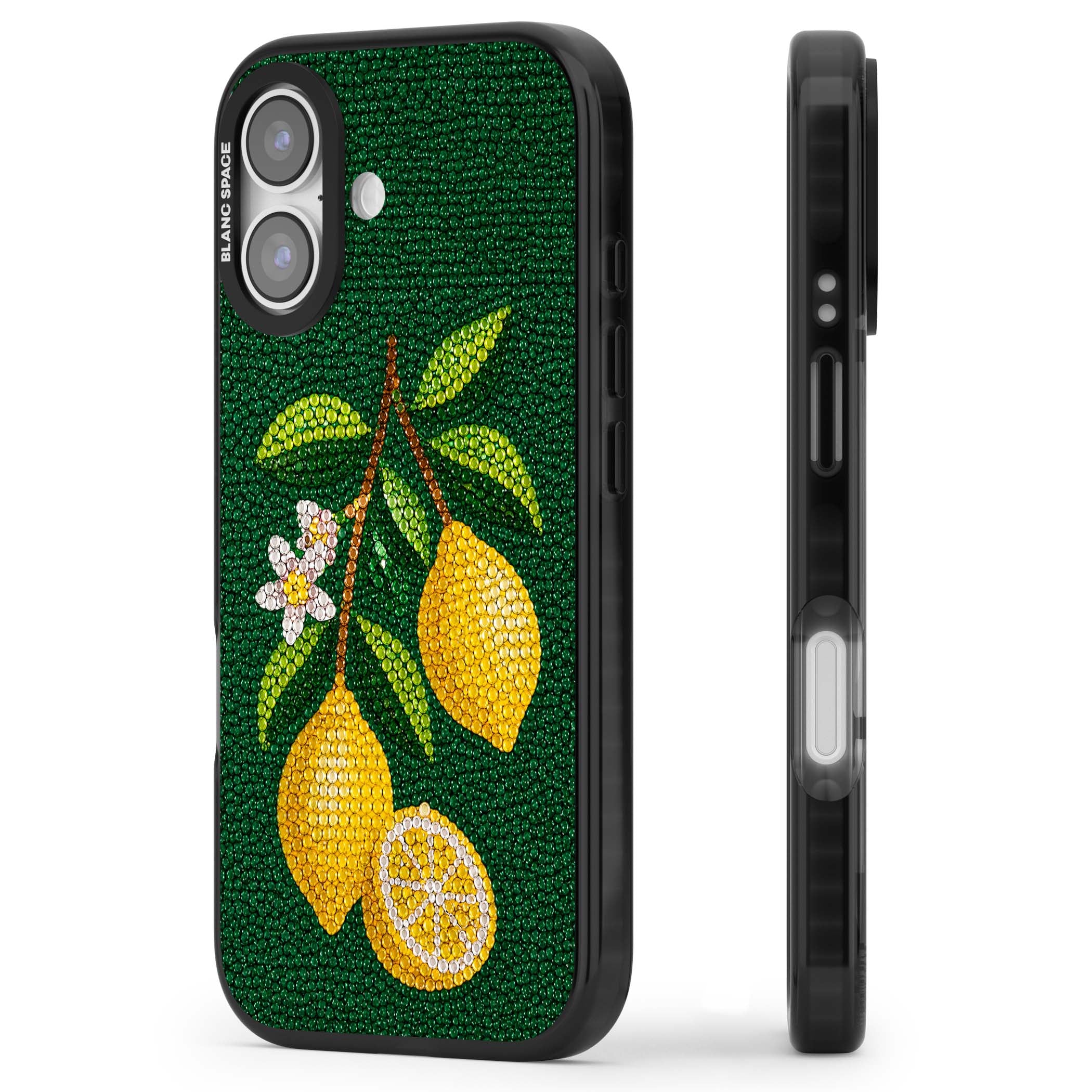 Beaded Lemons coastal iPhone case featuring crystal-beaded lemons, citrus blossom and green leaves on emerald ground | Black Impact Magsafe case for iPhone 17