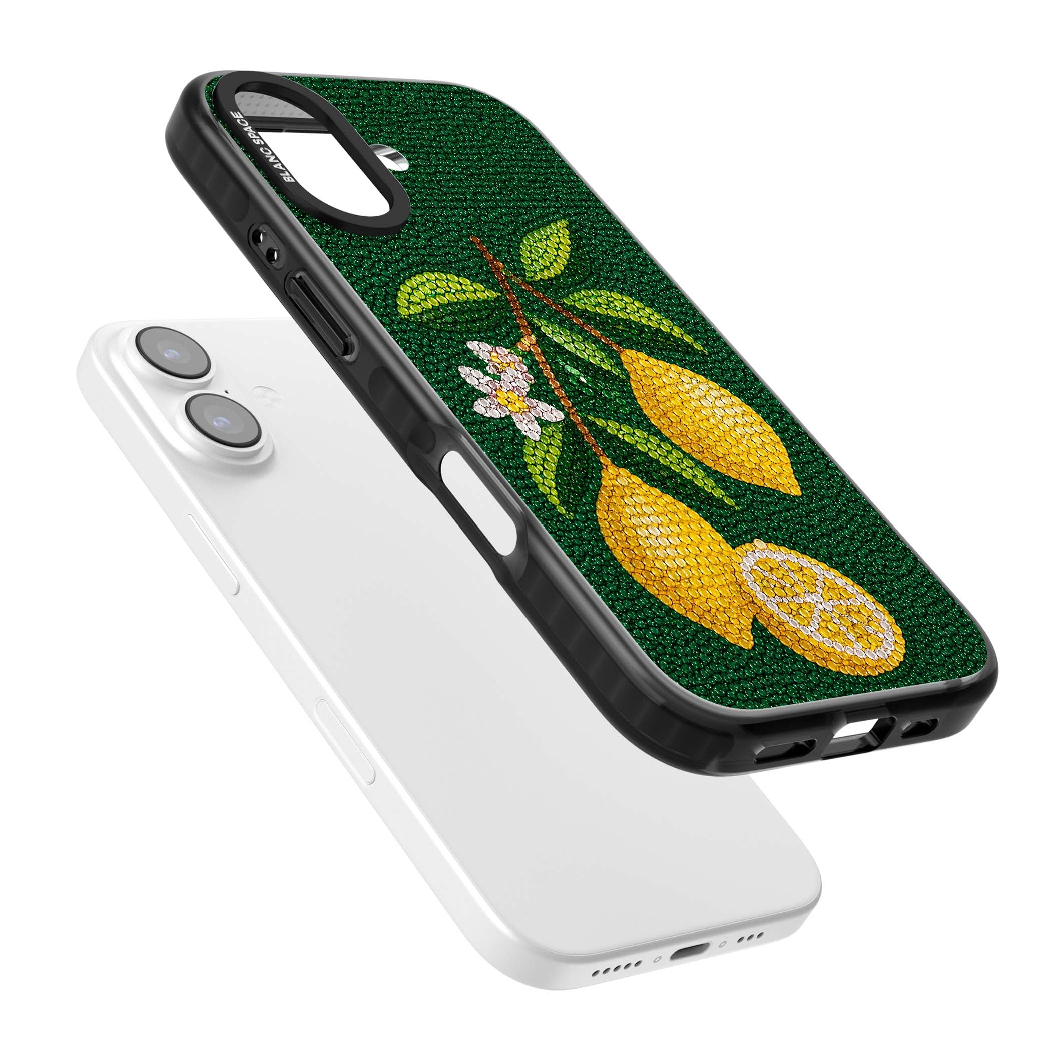 Beaded Lemons coastal iPhone case featuring crystal-beaded lemons, citrus blossom and green leaves on emerald ground | Black Impact Magsafe case for iPhone 17