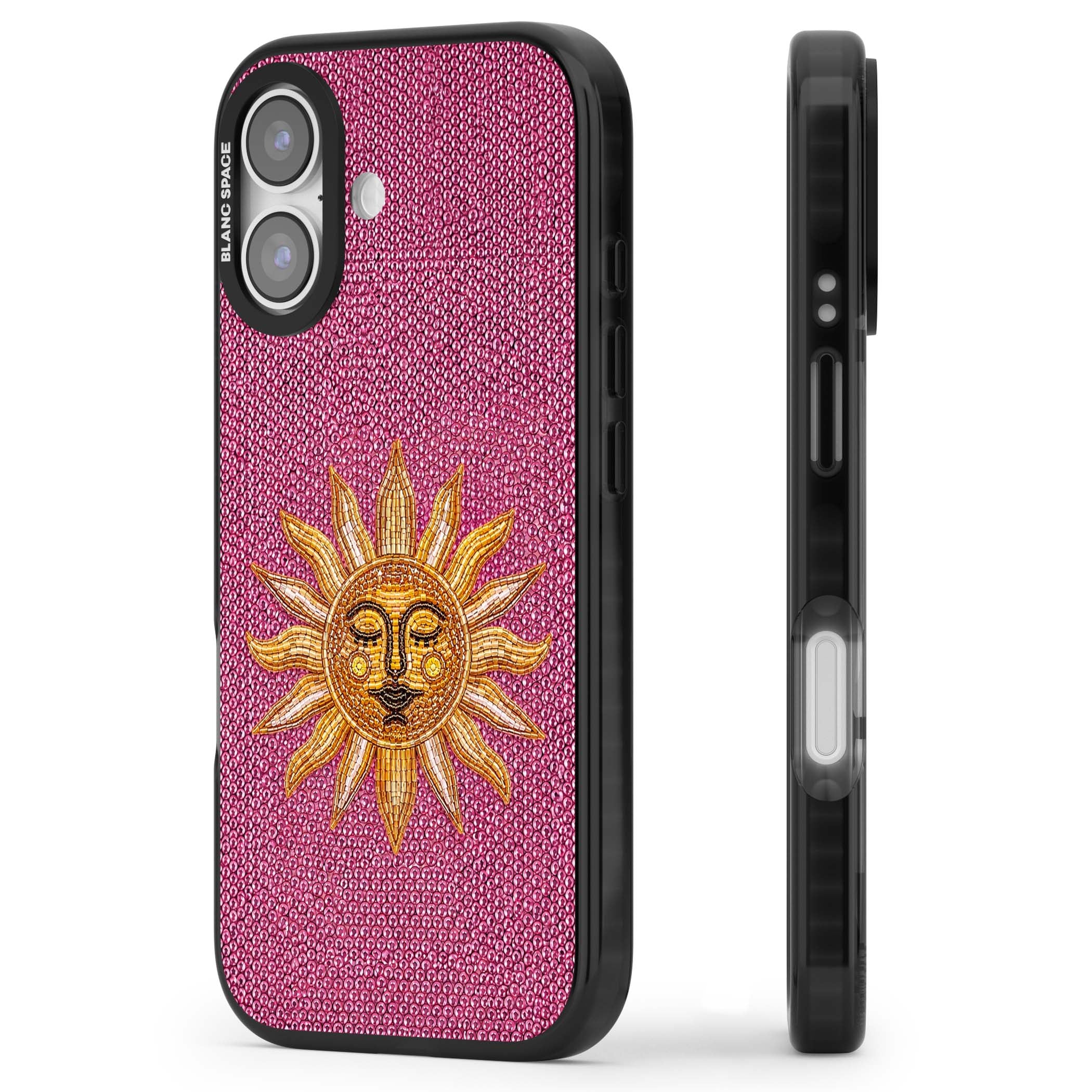 Beaded Sun celestial iPhone case featuring a golden beaded sun face with radiant rays on hot pink beaded background | Black Impact Magsafe case for iPhone 17