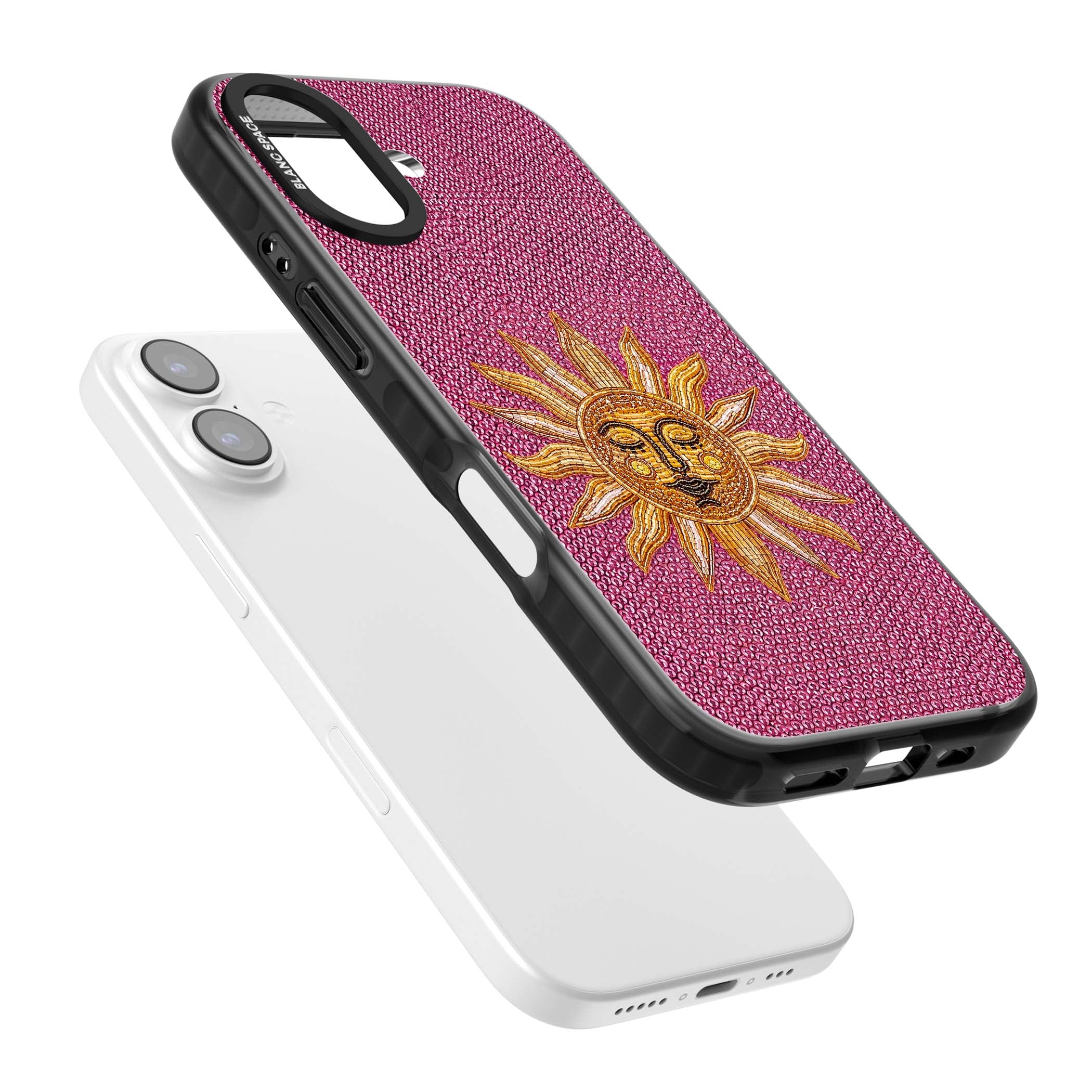 Beaded Sun celestial iPhone case featuring a golden beaded sun face with radiant rays on hot pink beaded background | Black Impact Magsafe case for iPhone 17