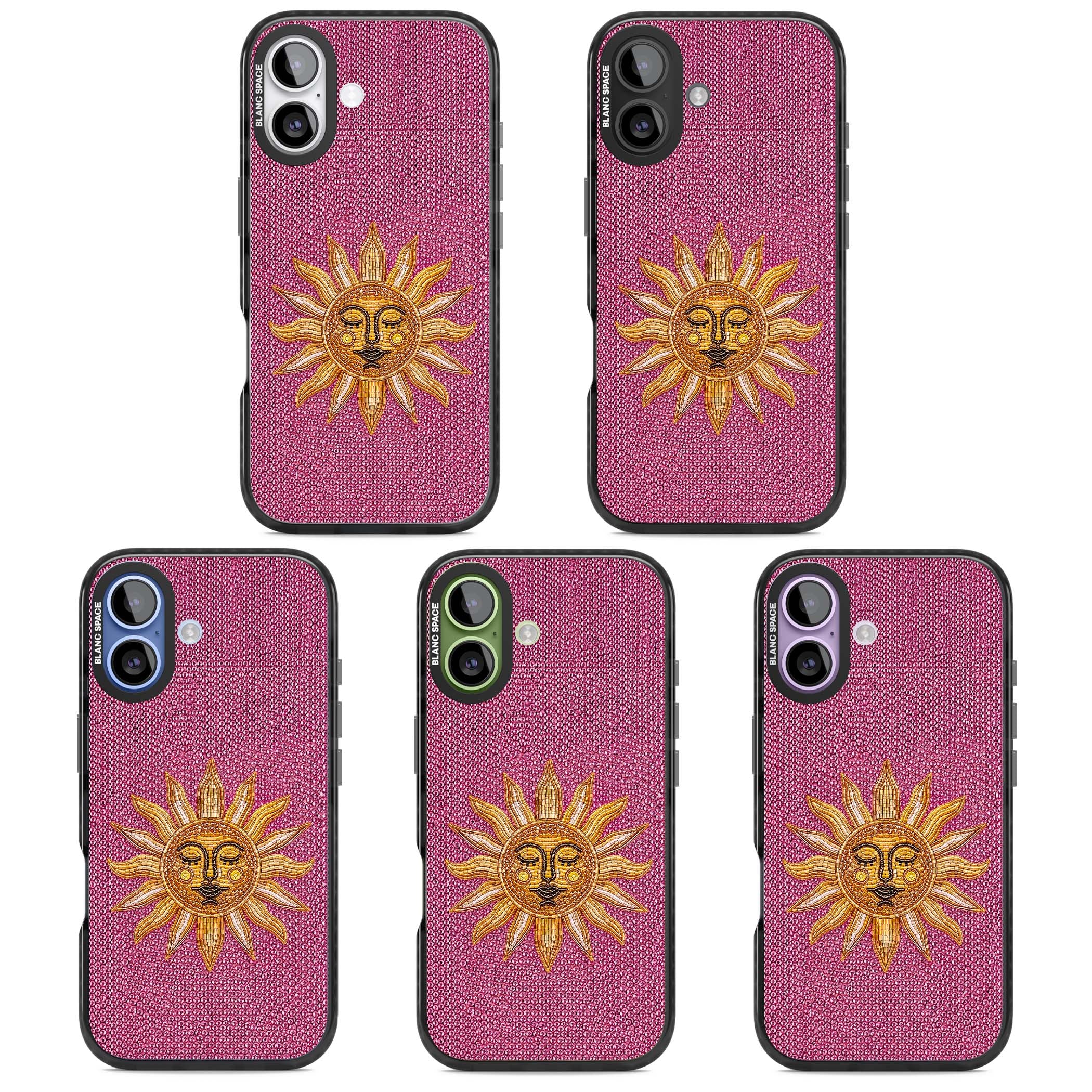 Beaded Sun celestial iPhone case featuring a golden beaded sun face with radiant rays on hot pink beaded background | Black Impact Magsafe case for iPhone 17