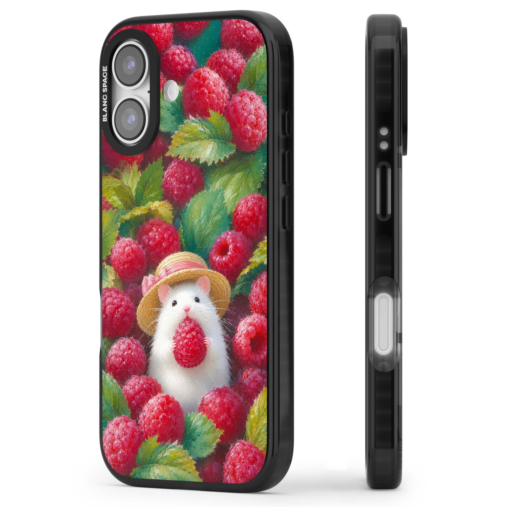 Berry Forager cottagecore iPhone case featuring a white hamster in a straw hat holding a raspberry surrounded by ripe ber | Black Impact Magsafe case for iPhone 17