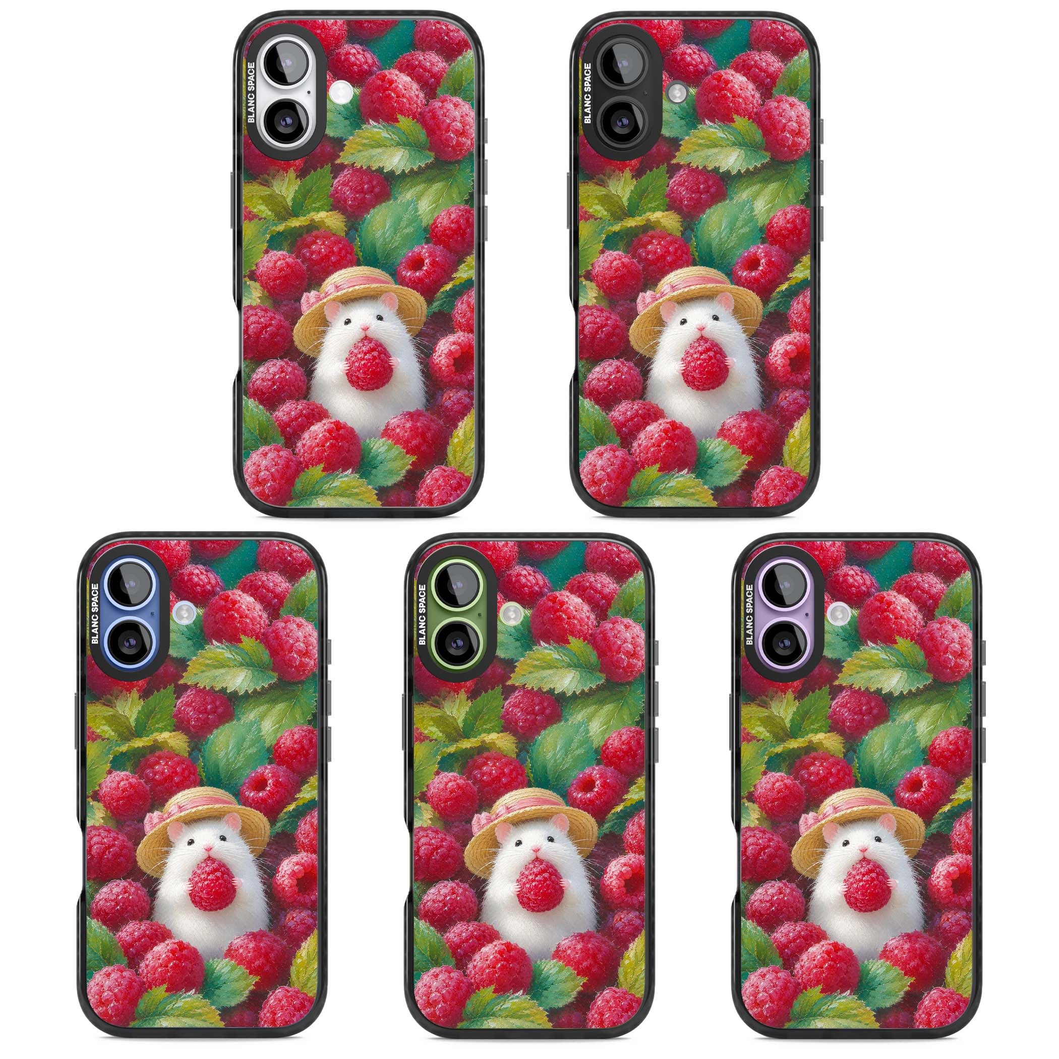 Berry Forager cottagecore iPhone case featuring a white hamster in a straw hat holding a raspberry surrounded by ripe ber | Black Impact Magsafe case for iPhone 17