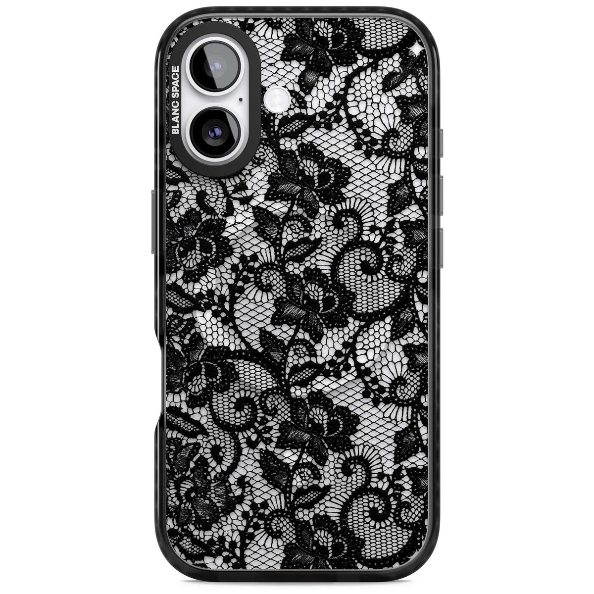 Black Lace gothic iPhone case featuring intricate black floral lace pattern with vintage whimsigoth detail | Black Impact Magsafe case for iPhone 17