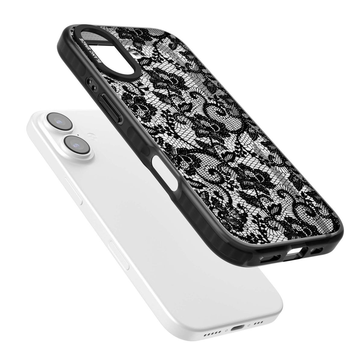 Black Lace gothic iPhone case featuring intricate black floral lace pattern with vintage whimsigoth detail | Black Impact Magsafe case for iPhone 17
