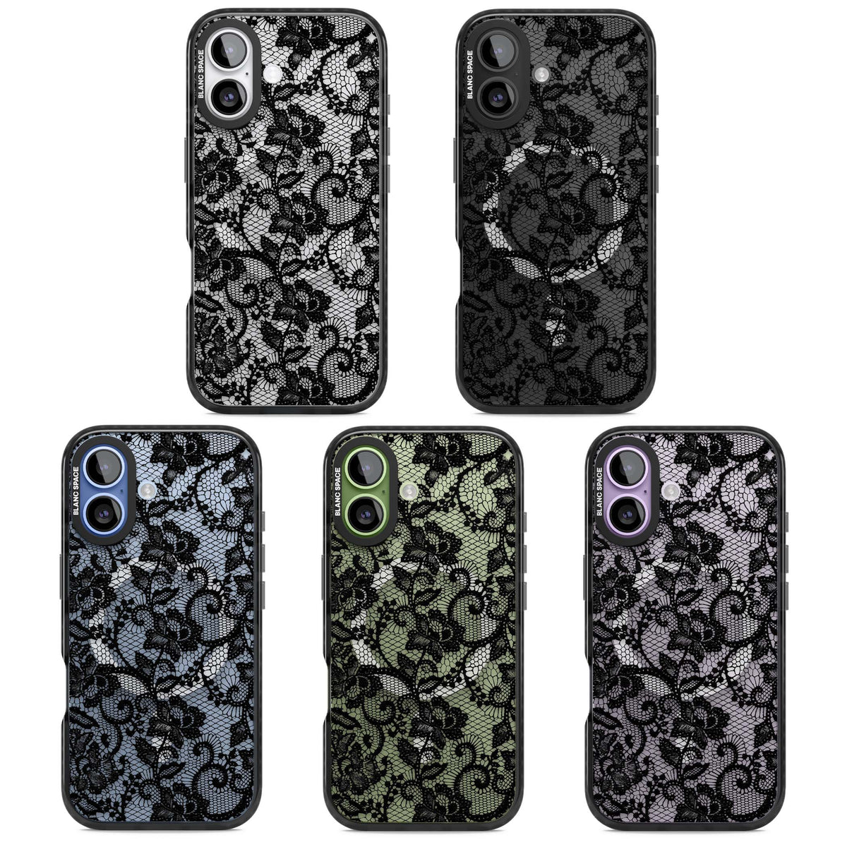 Black Lace gothic iPhone case featuring intricate black floral lace pattern with vintage whimsigoth detail | Black Impact Magsafe case for iPhone 17