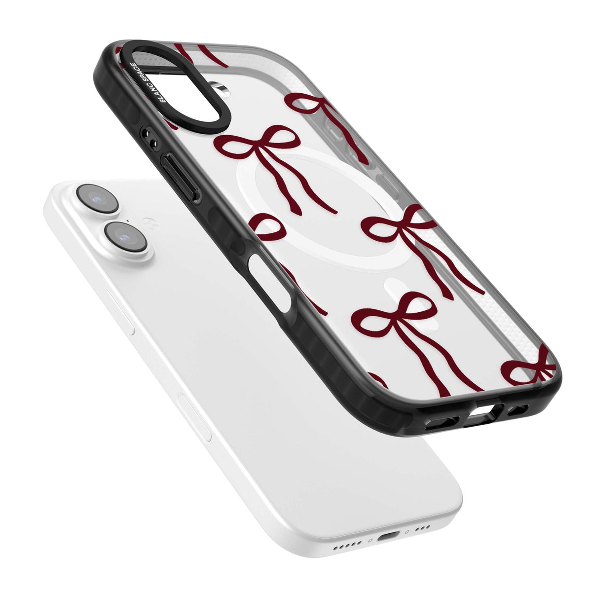Burgundy Bows coquette iPhone case featuring hand-drawn burgundy red bows on a clear background | Black Impact Magsafe case for iPhone 17