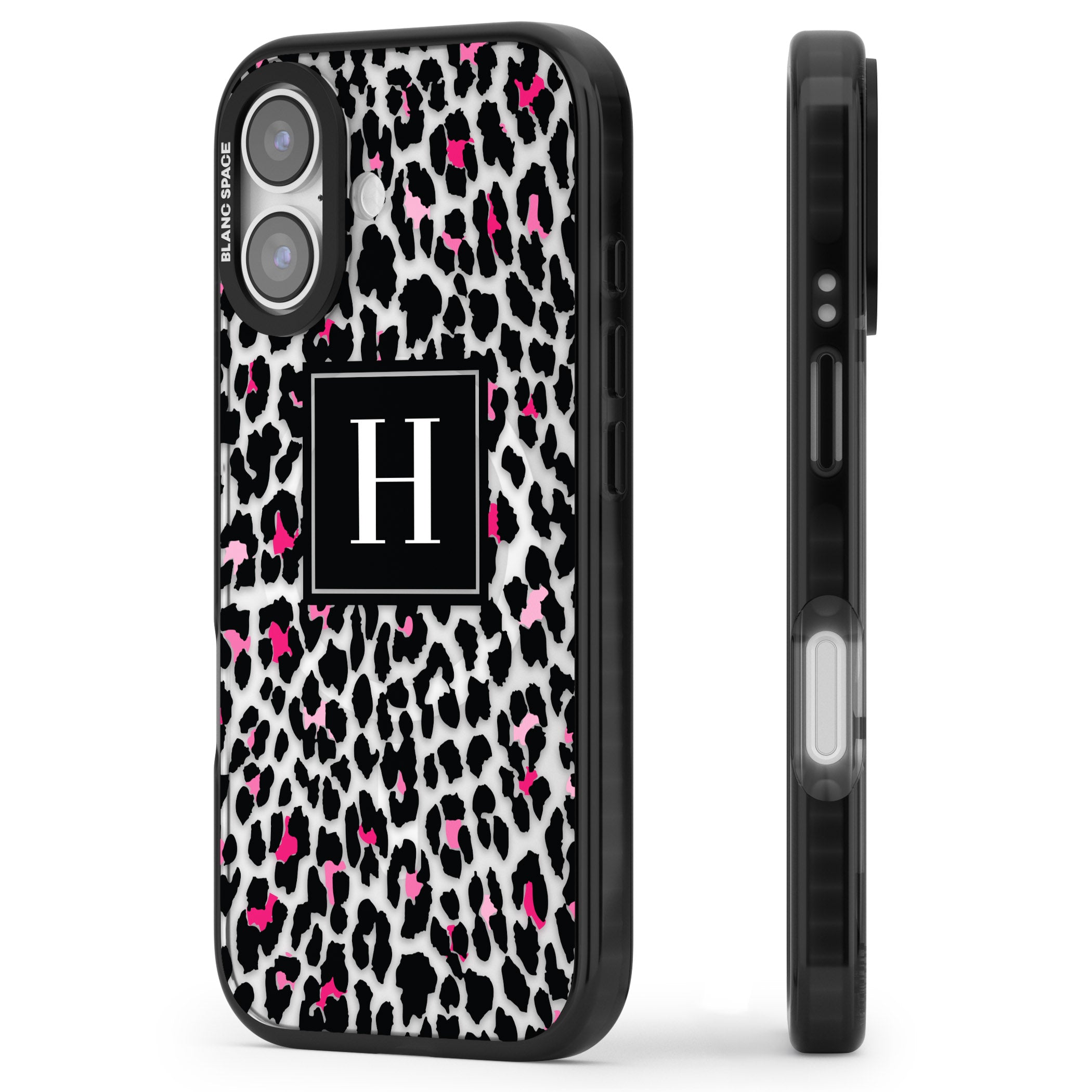 Personalised Clear Pink Leopard Monogram iPhone 17 Impact Pro Black Phone Case Side Profile