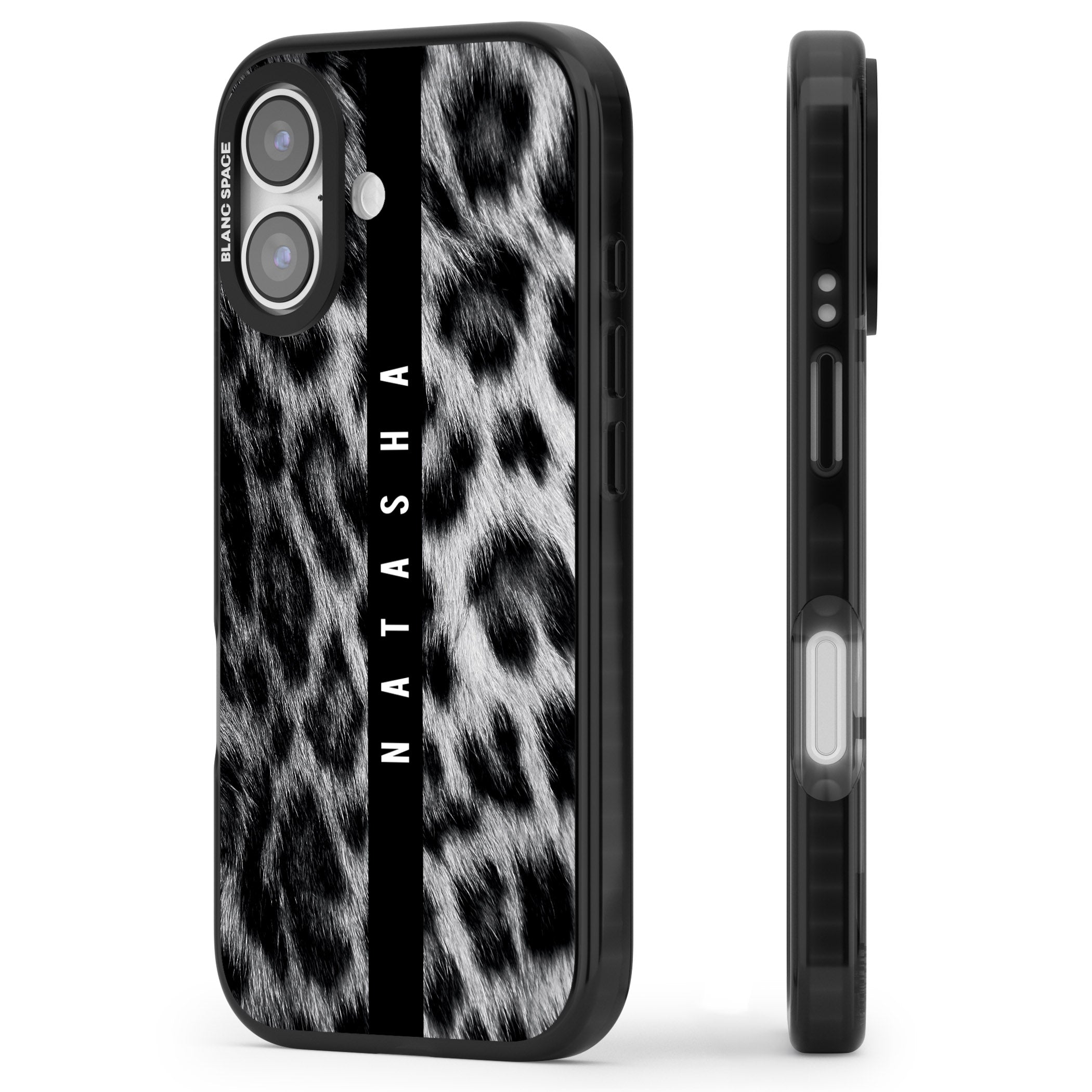 Personalised Snow Leopard Print iPhone 17 Impact Pro Black Phone Case Side Profile