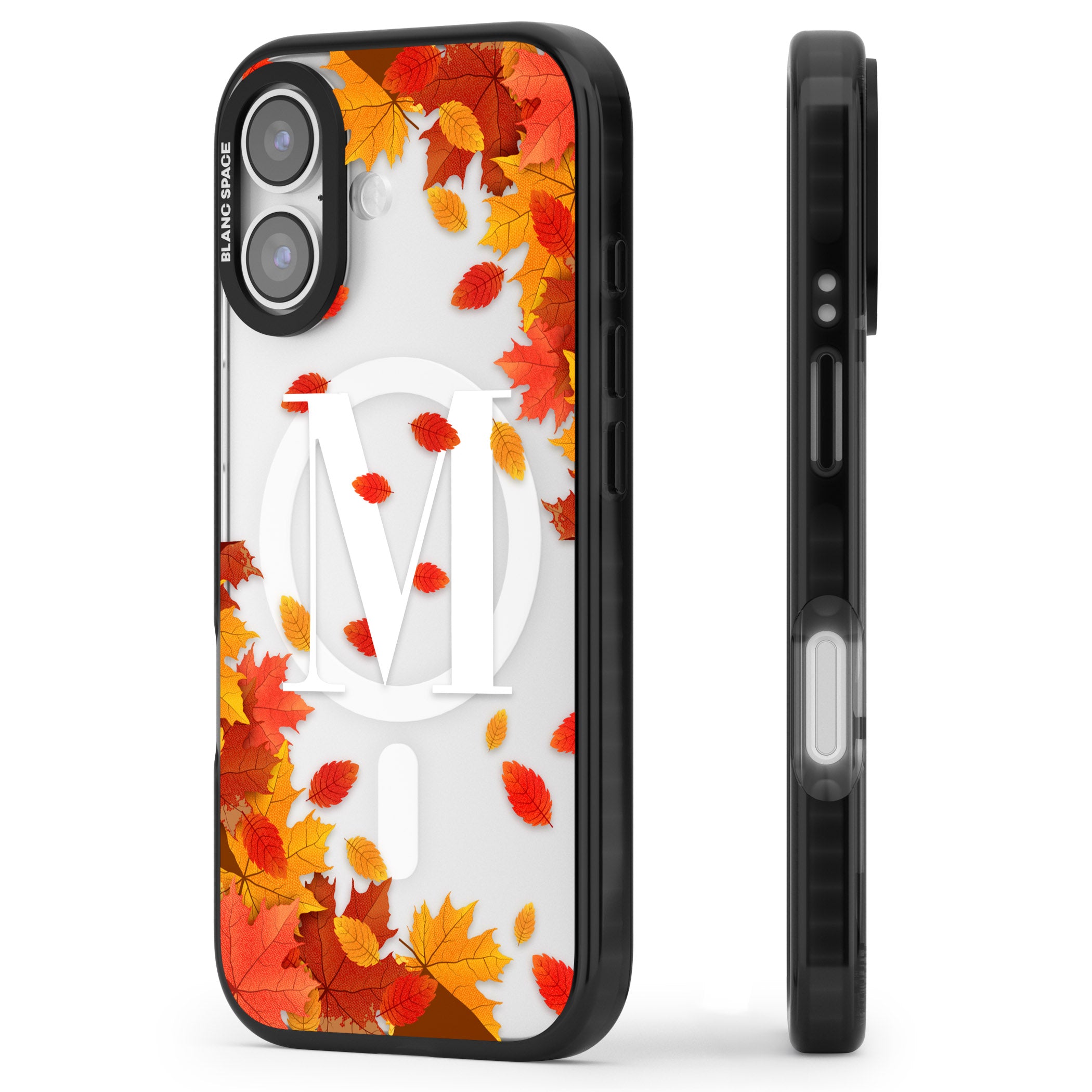 Personalised Autumn Leaves Monogram iPhone 17 Impact Pro Black Phone Case Side Profile