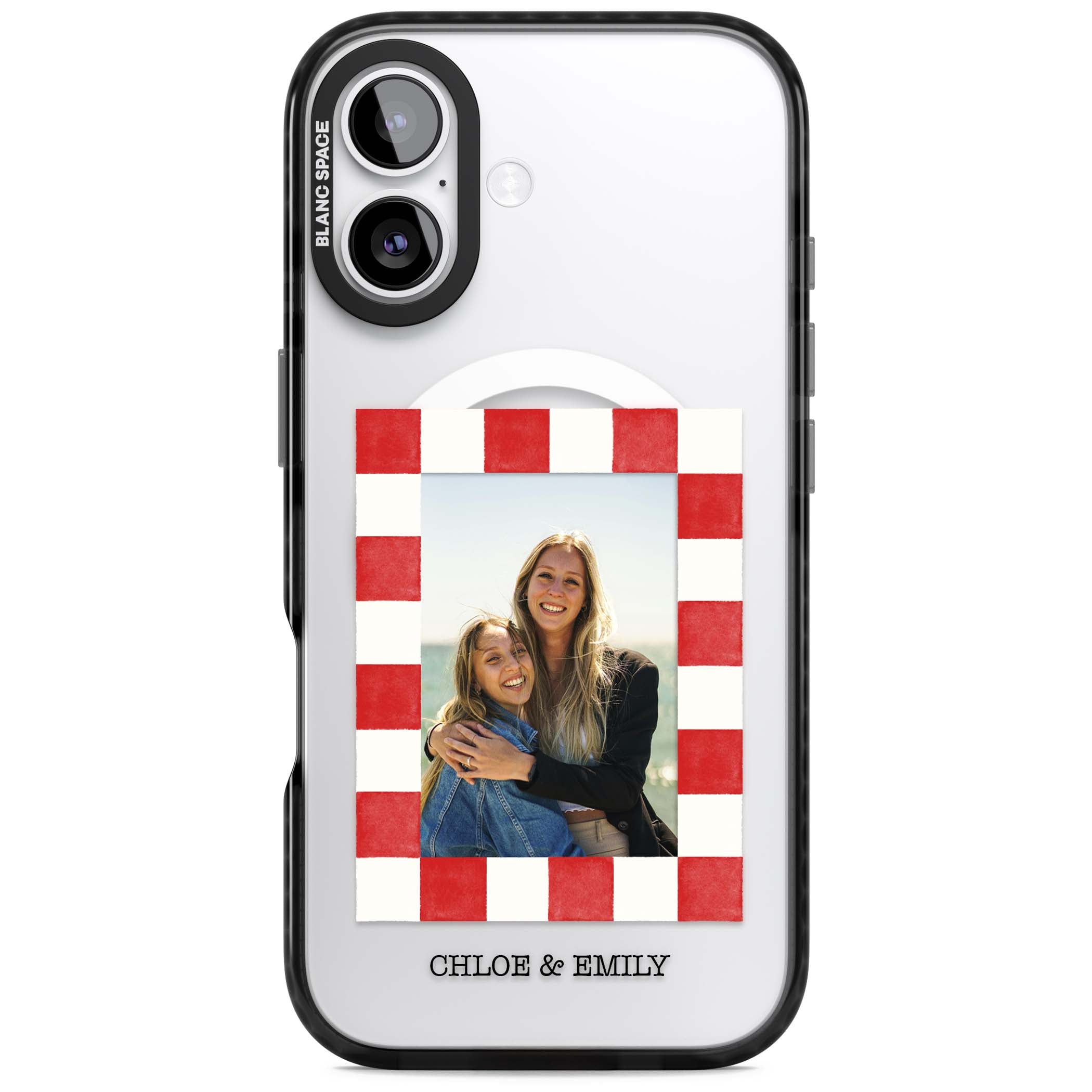 Red Check Photo personalised photo iPhone case with red and white checkered polaroid frame and custom couple name | Black Impact Magsafe case for iPhone 17