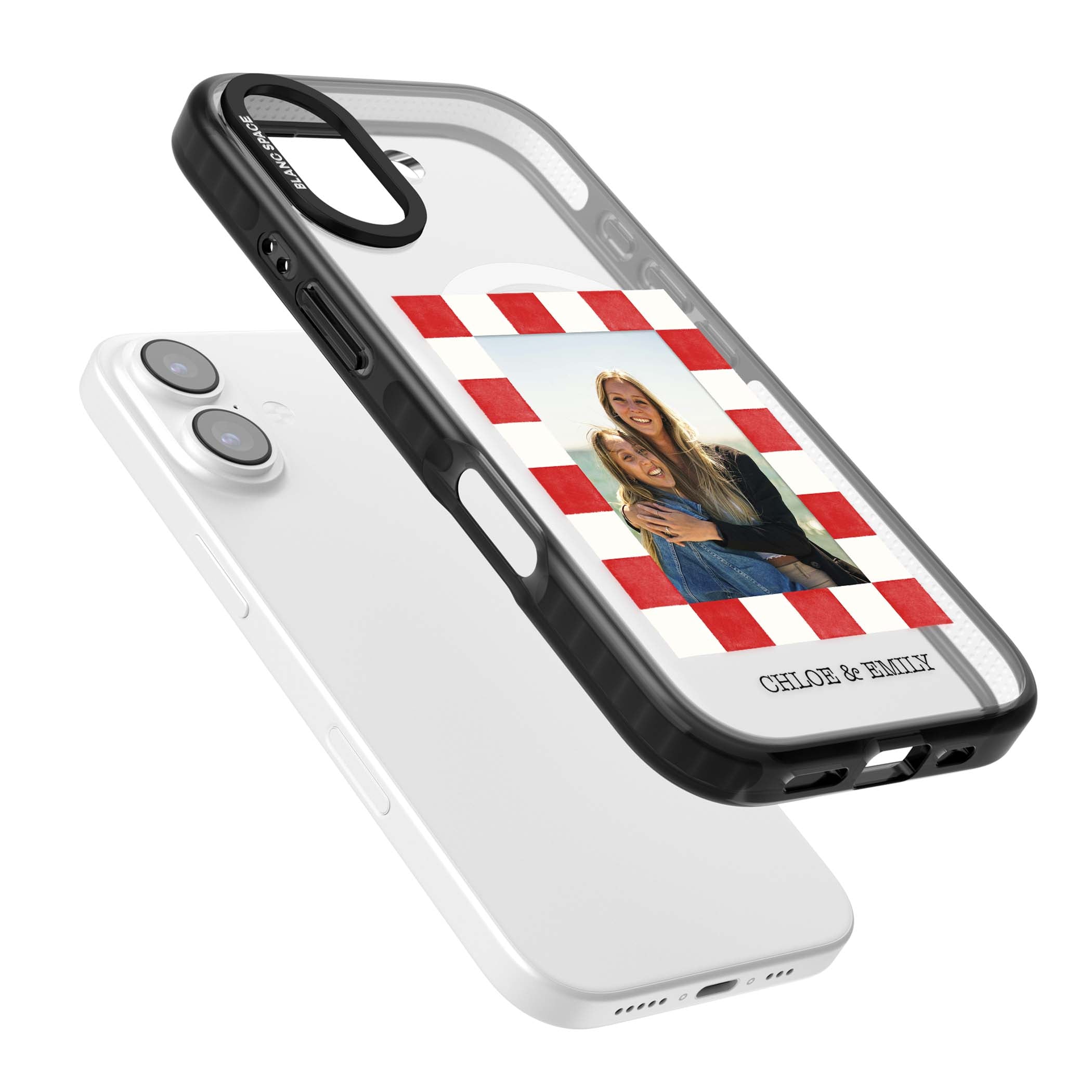 Red Check Photo personalised photo iPhone case with red and white checkered polaroid frame and custom couple name | Black Impact Magsafe case for iPhone 17