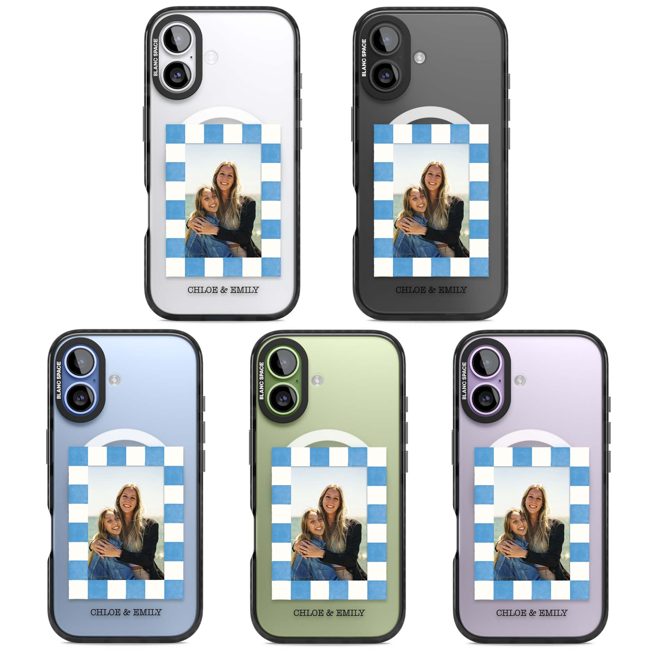 Blue Check Photo personalised photo iPhone case with blue checkered frame and custom couple names | Black Impact Magsafe case for iPhone 17