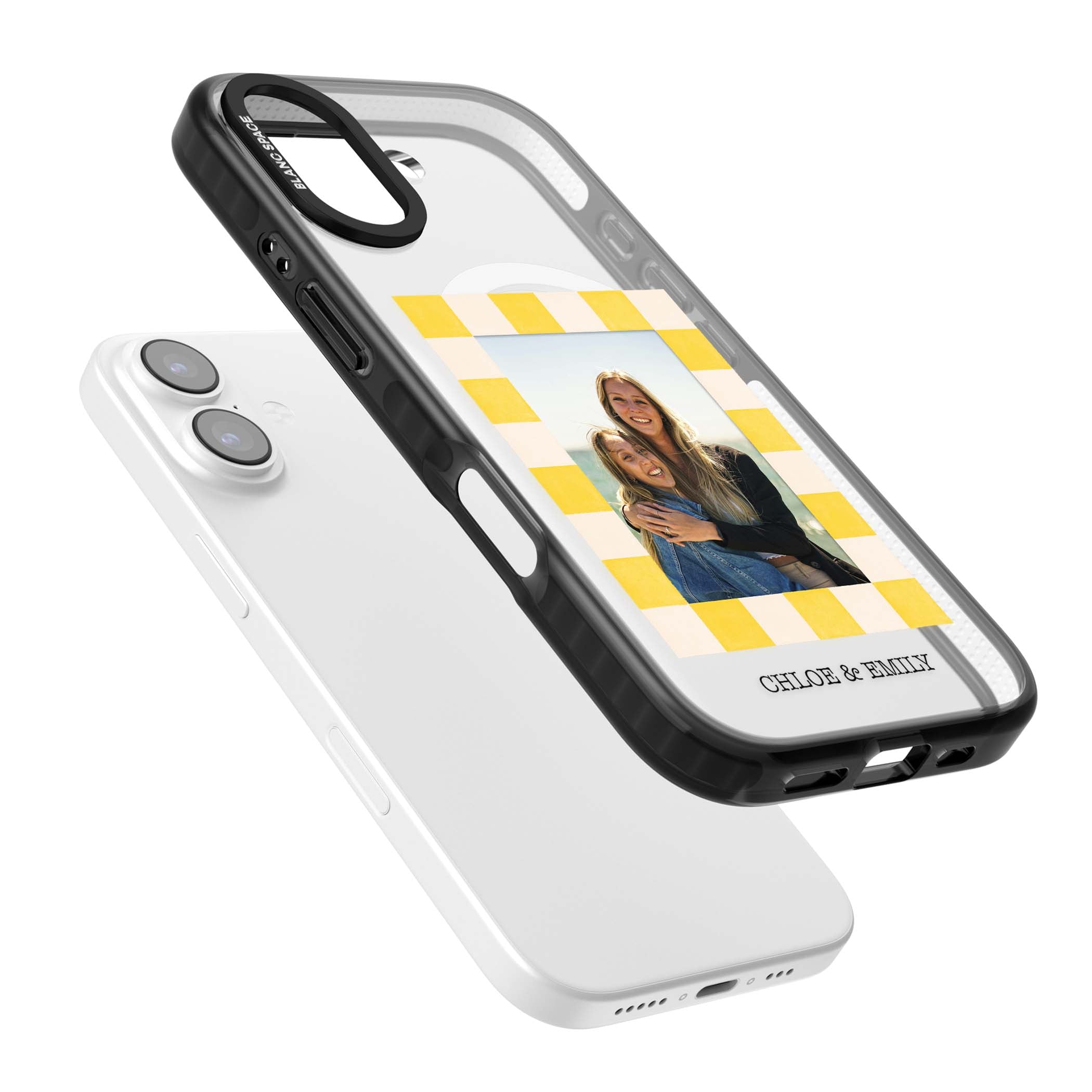 Yellow Check Photo personalised iPhone case with yellow checkered Polaroid frame and custom names beneath | Black Impact Magsafe case for iPhone 17
