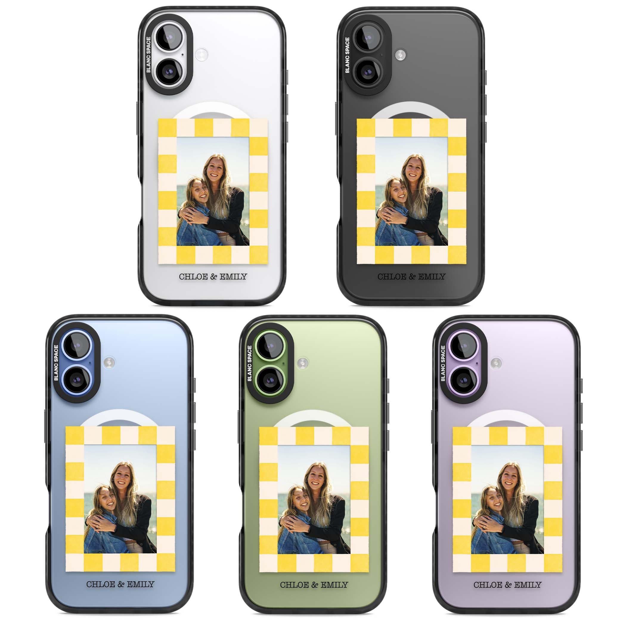 Yellow Check Photo personalised iPhone case with yellow checkered Polaroid frame and custom names beneath | Black Impact Magsafe case for iPhone 17