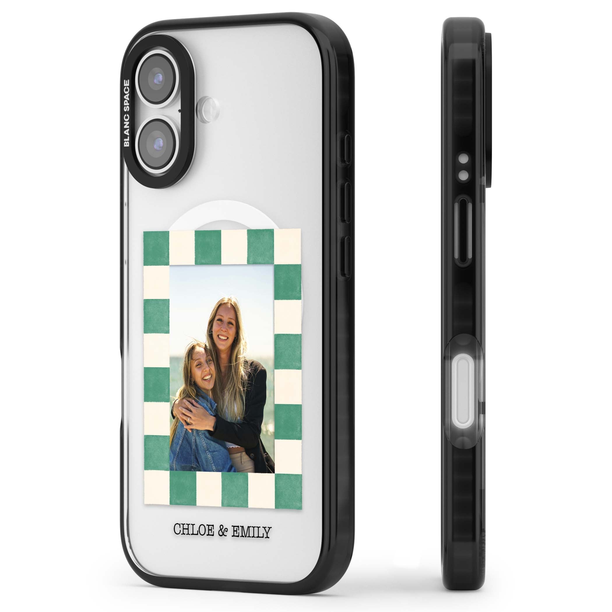 Seafoam Check Photo personalised iPhone case featuring a custom polaroid photo, green and cream checkered frame, and custom n | Black Impact Magsafe case for iPhone 17