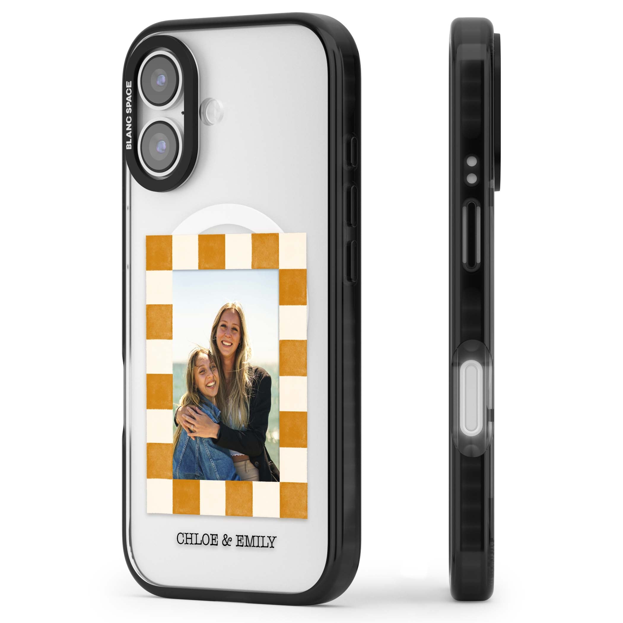 Citrus Check Photo personalised iPhone case with custom photo, orange checkered frame and names underneath | Black Impact Magsafe case for iPhone 17