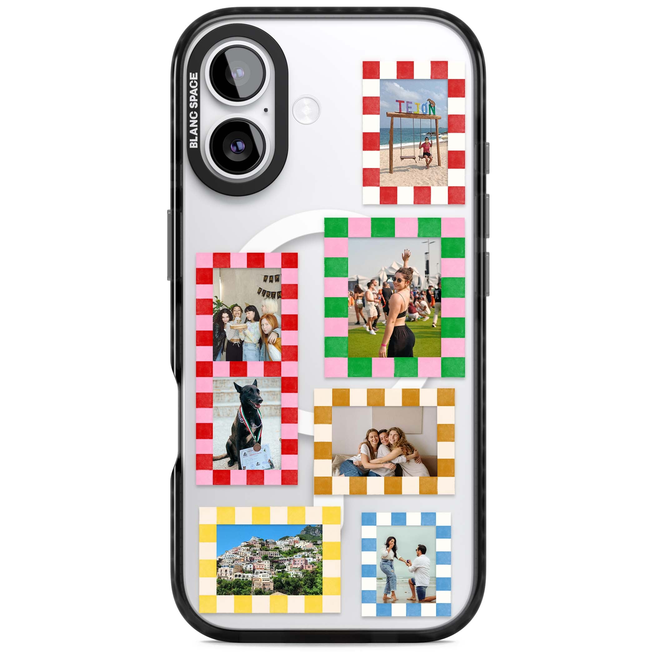 Italian Check Frames custom photo collage iPhone case featuring six checkered photo frames in red, green, pink and  | Black Impact Magsafe case for iPhone 17