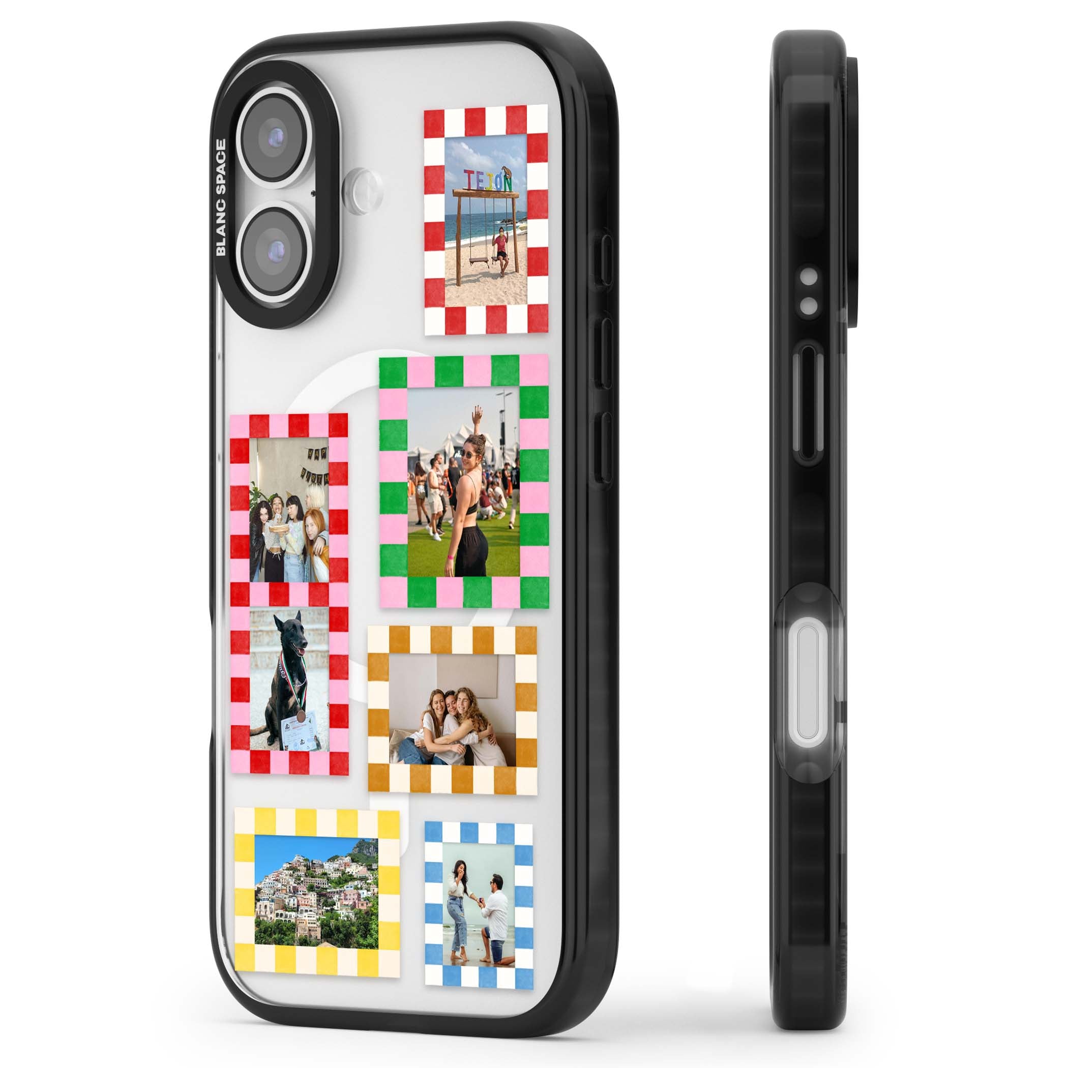 Italian Check Frames custom photo collage iPhone case featuring six checkered photo frames in red, green, pink and  | Black Impact Magsafe case for iPhone 17