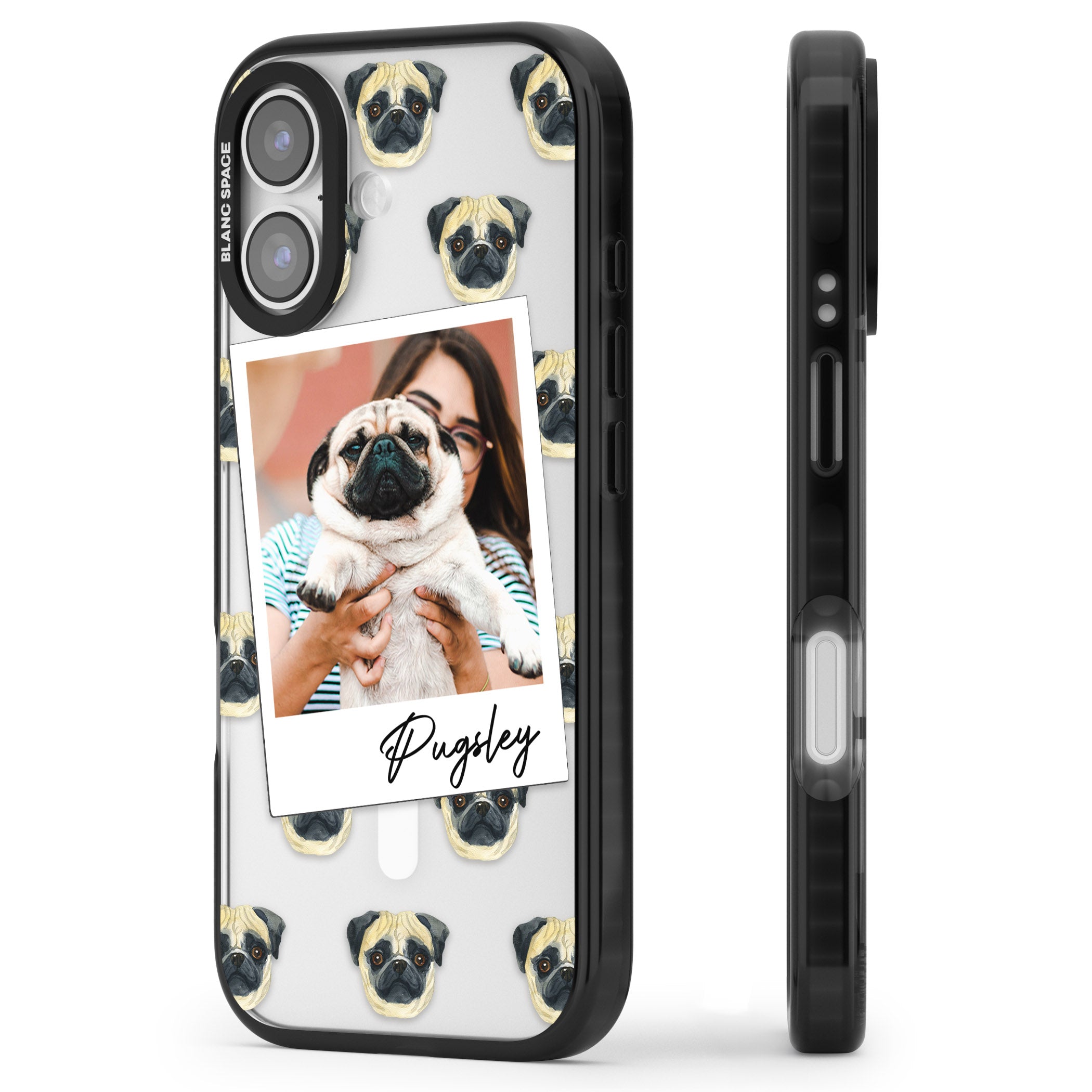 Personalised Pug Instant Camera Photo iPhone 17 Impact Pro Black Phone Case Side Profile