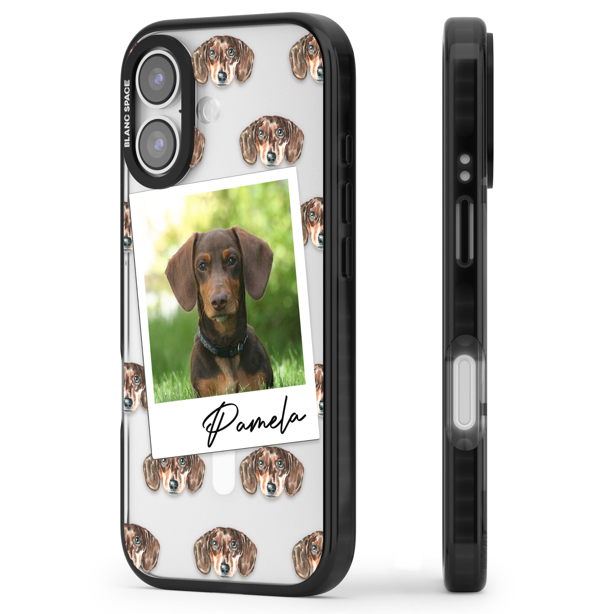 Personalised Brown Dachshund Instant Camera Photo iPhone 17 Impact Pro Black Phone Case Side Profile