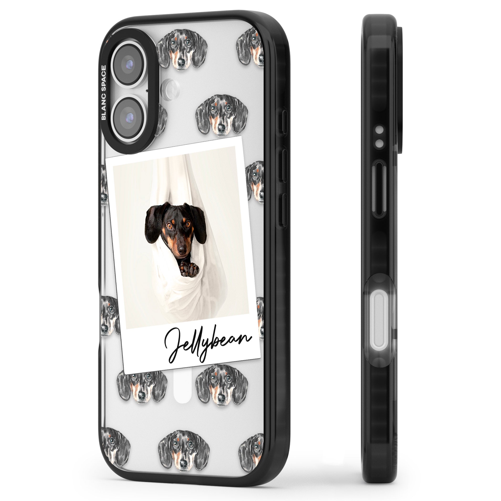 Personalised Black Dachshund Instant Camera Photo iPhone 17 Impact Pro Black Phone Case Side Profile