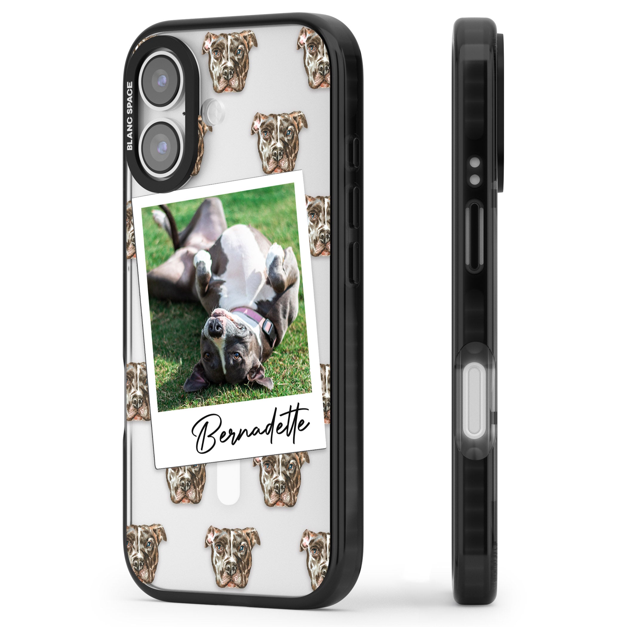 Personalised Staffordshire Bull Terrier Instant Camera Photo iPhone 17 Impact Pro Black Phone Case Side Profile