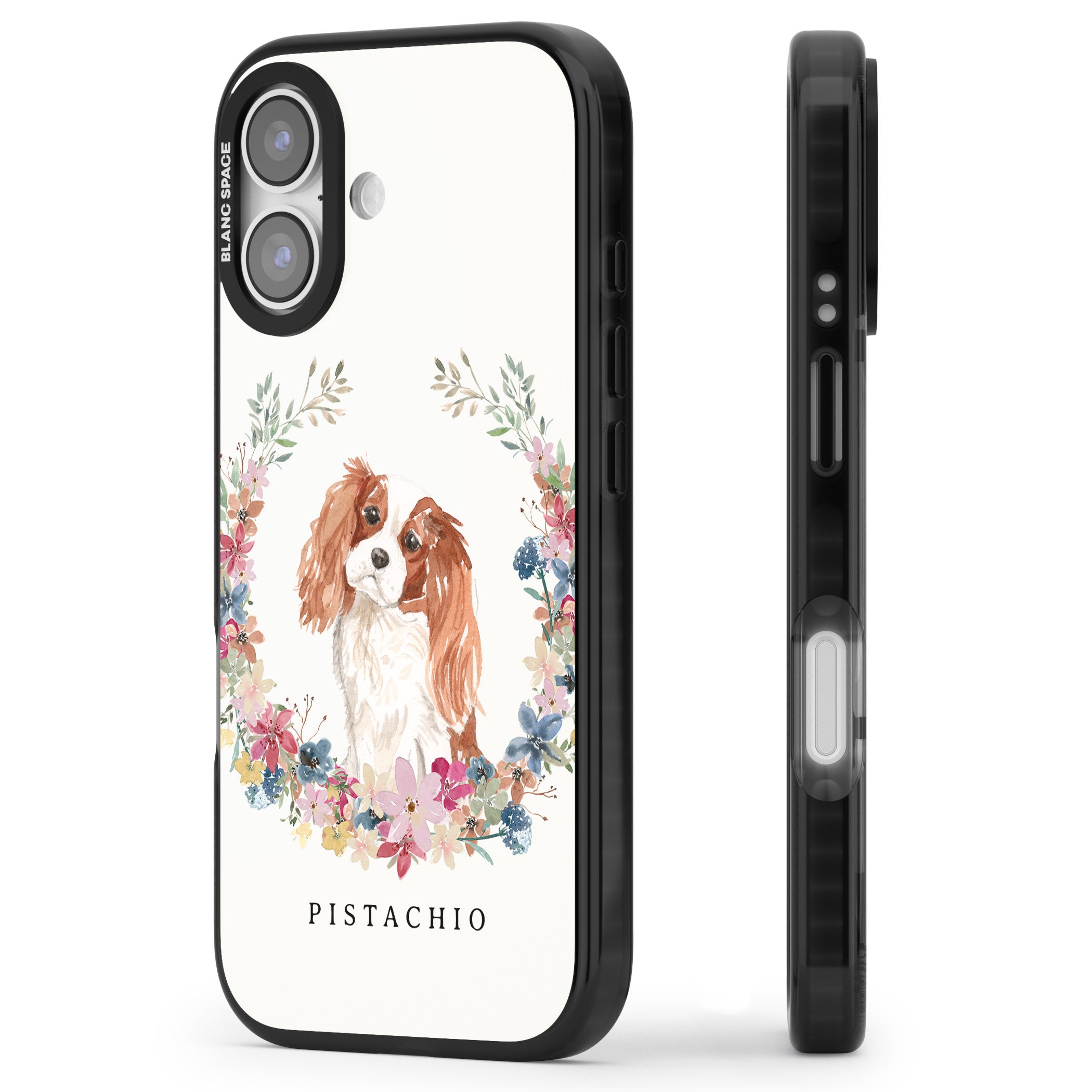 Personalised Cavalier King Charles Floral Portrait iPhone 17 Impact Pro Black Phone Case Side Profile