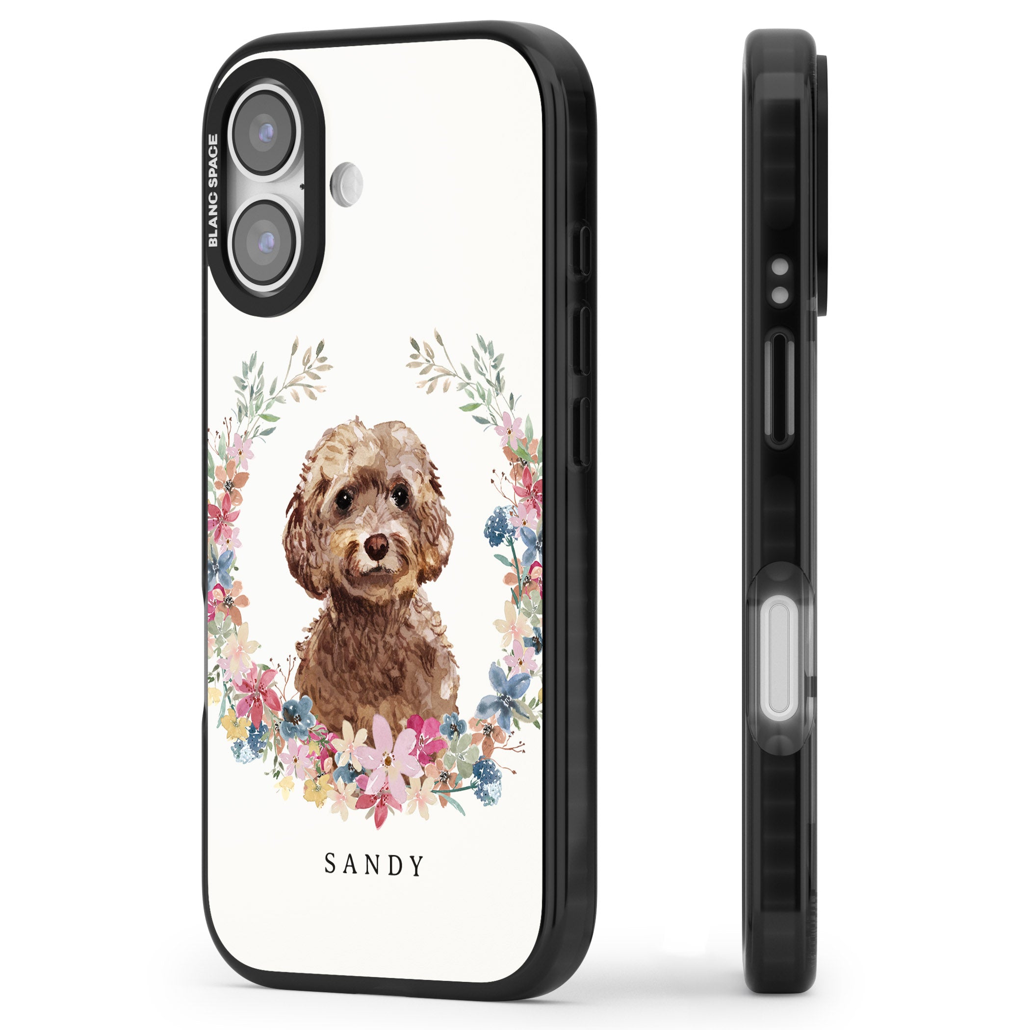 Personalised Brown Cockapoo Floral Portrait iPhone 17 Impact Pro Black Phone Case Side Profile
