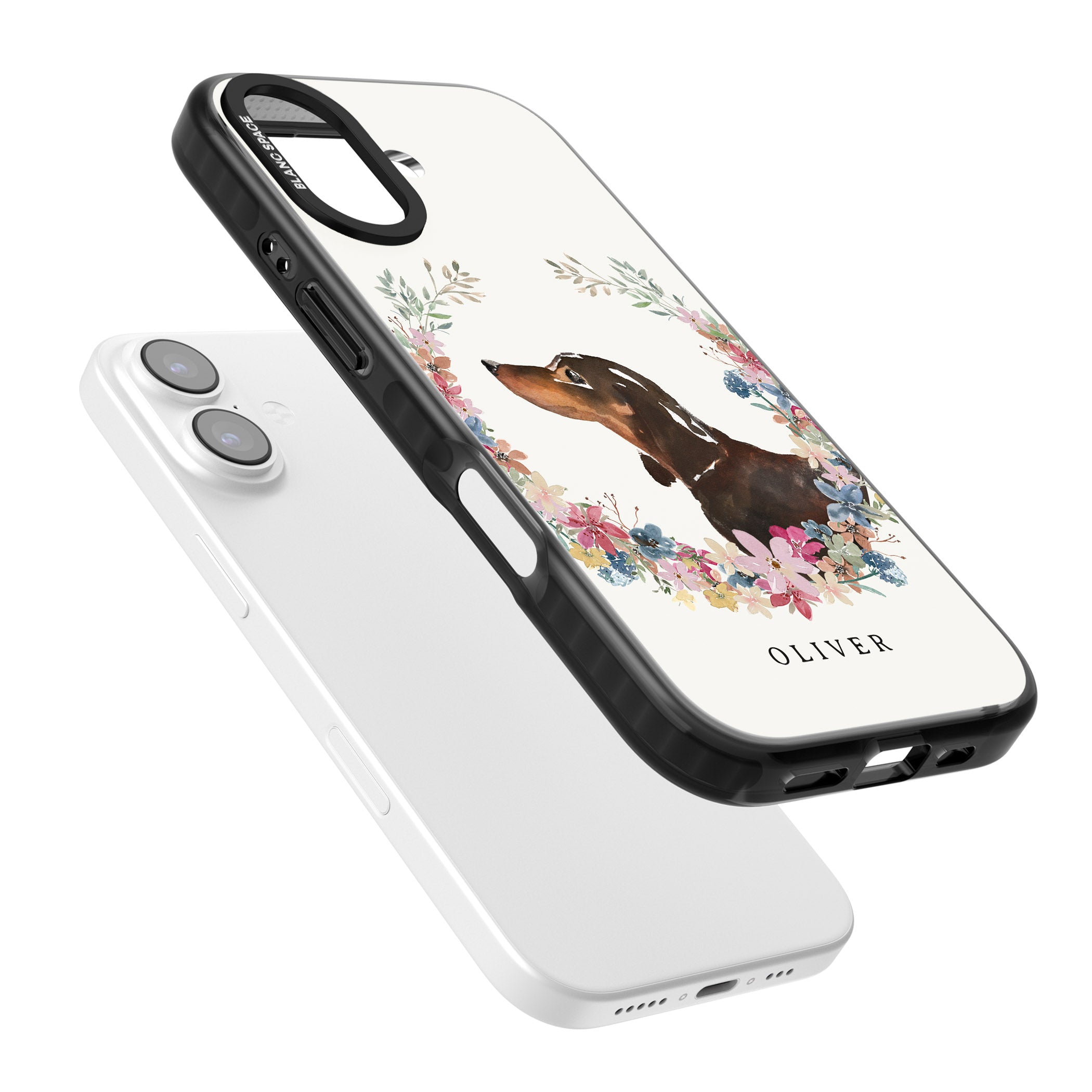 Personalised Black & Tan Dachshund Floral Portrait iPhone 17 Impact Pro Black Phone Case Colours