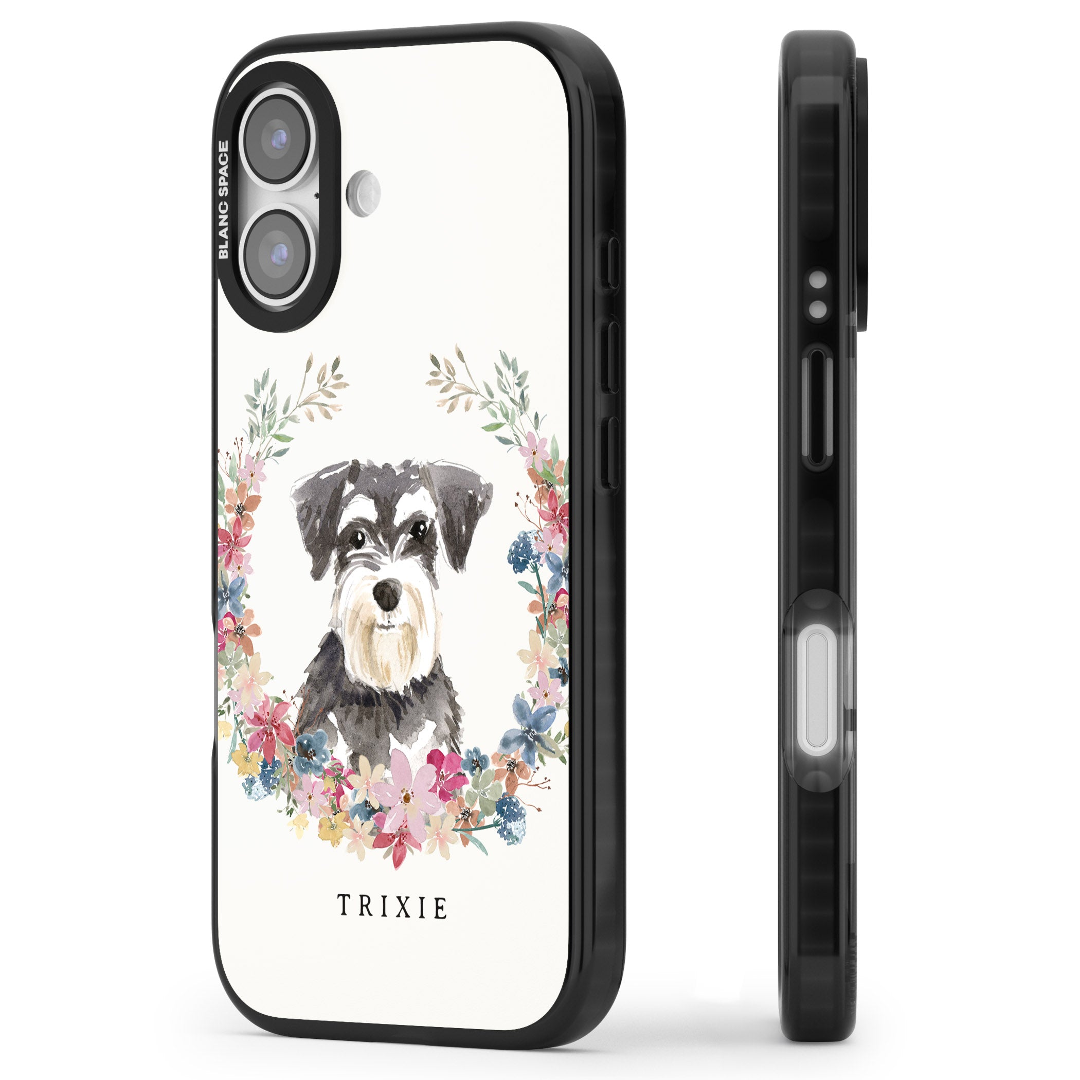 Personalised Watercolor Schnauzer Floral Portrait iPhone 17 Impact Pro Black Phone Case Side Profile