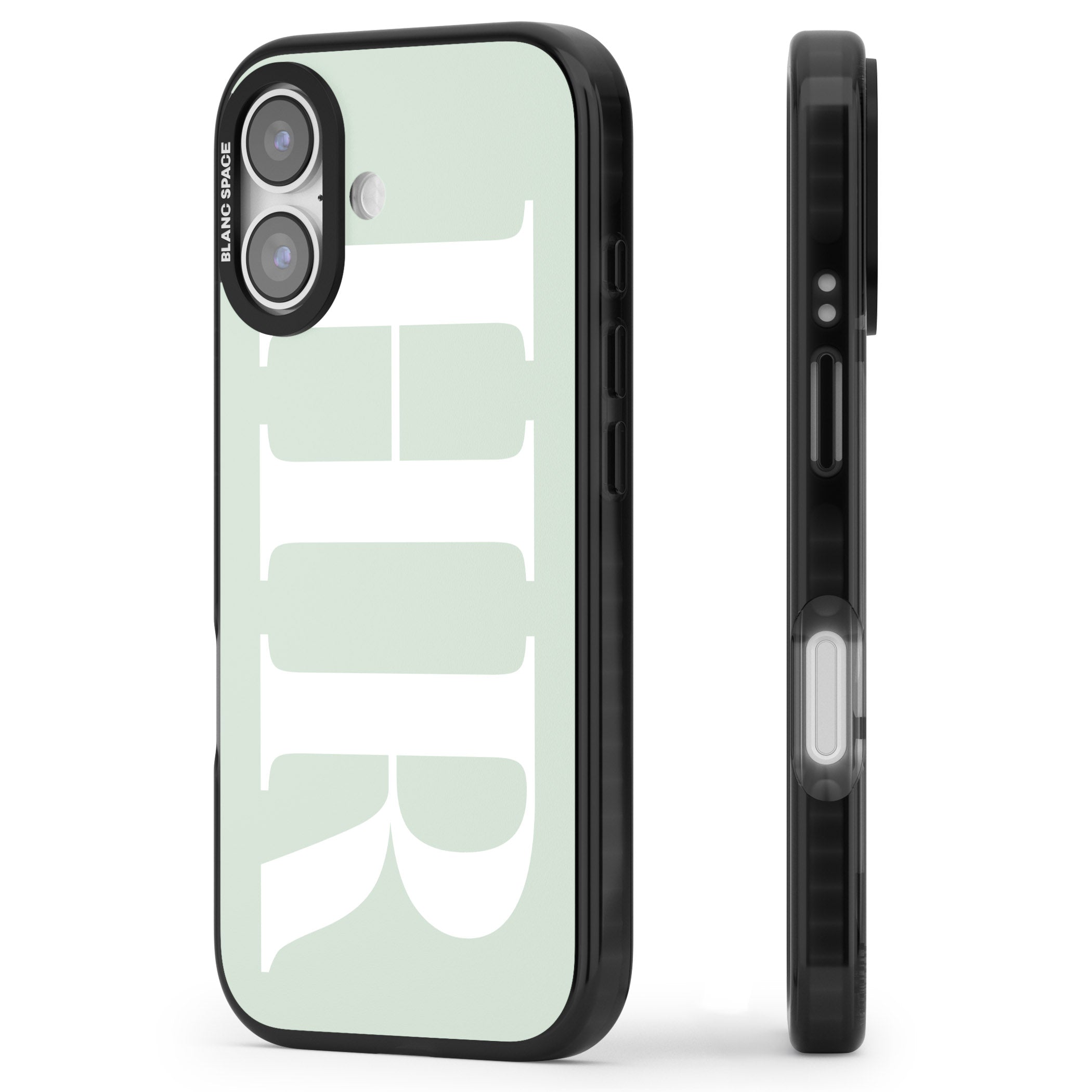 Personalised White & Seafoam Green Letters iPhone 17 Impact Pro Black Phone Case Side Profile