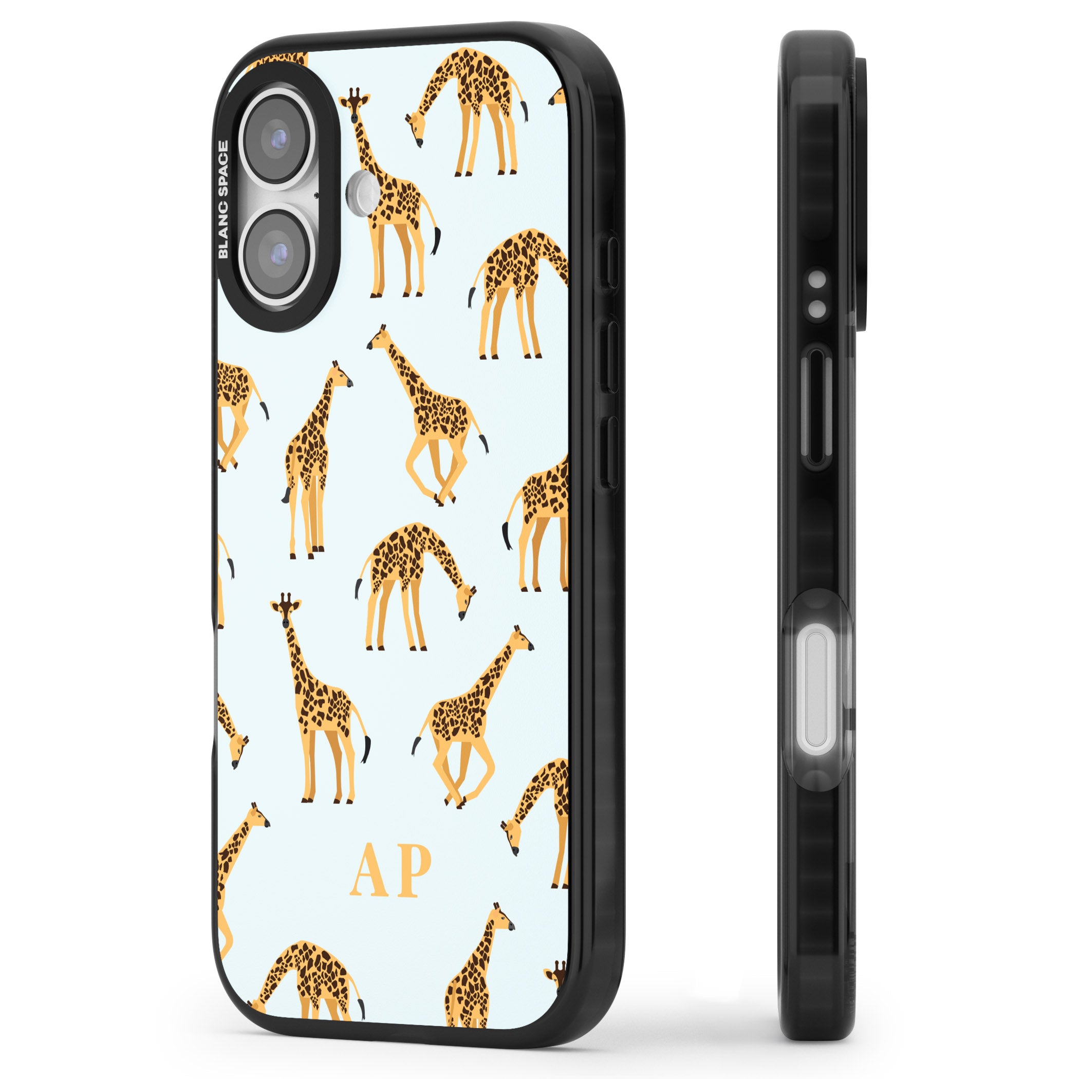 Personalised Safari Giraffe Pattern On Blue iPhone 17 Impact Pro Black Phone Case Side Profile