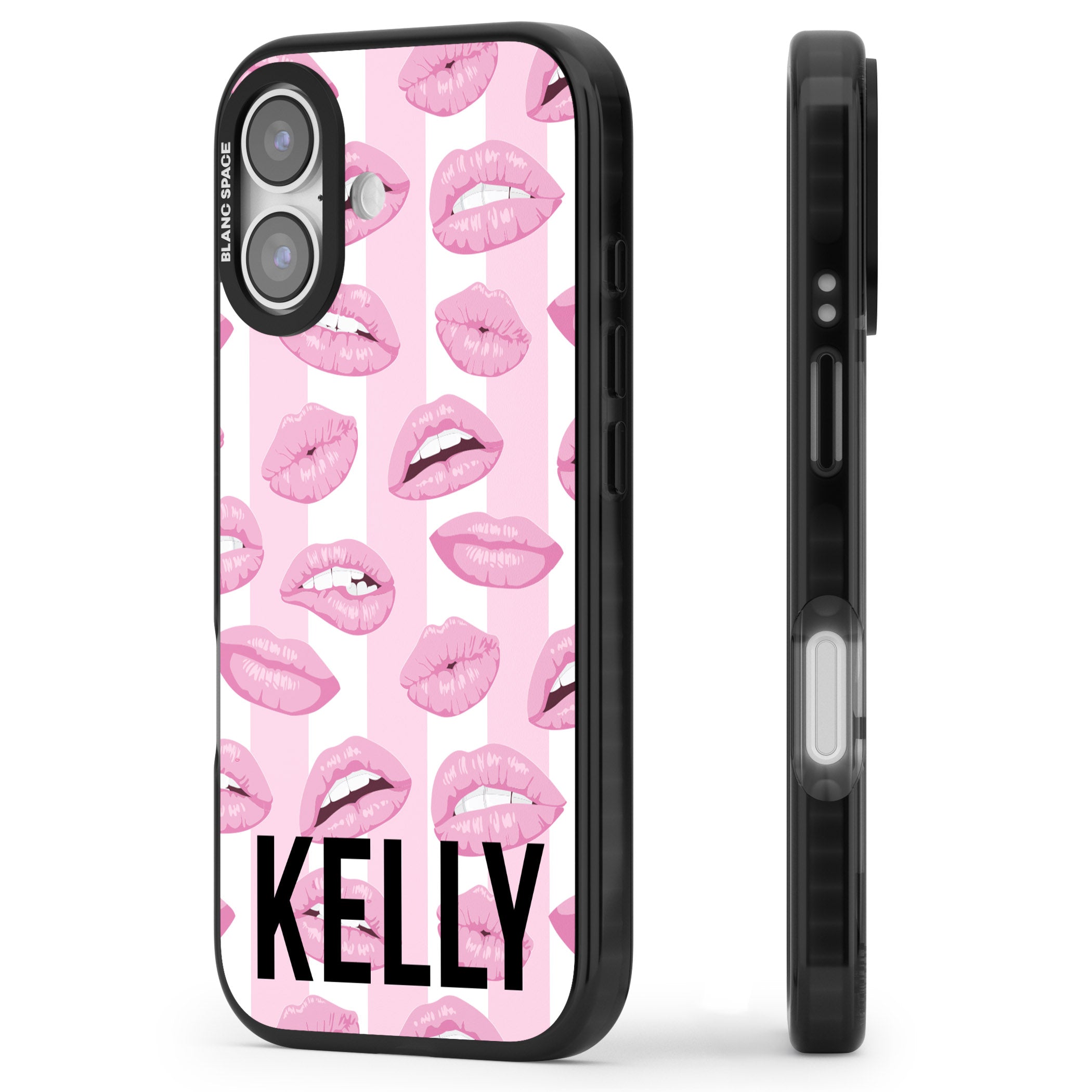 Personalised Pink Stripes & Lips iPhone 17 Impact Pro Black Phone Case Side Profile