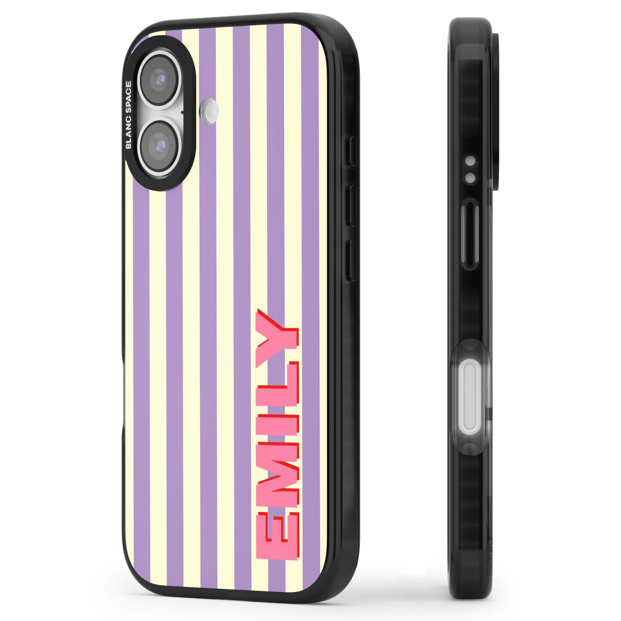 Valensole Stripe personalised iPhone case with purple and cream vertical stripes and pink custom name | Black Impact Magsafe case for iPhone 17