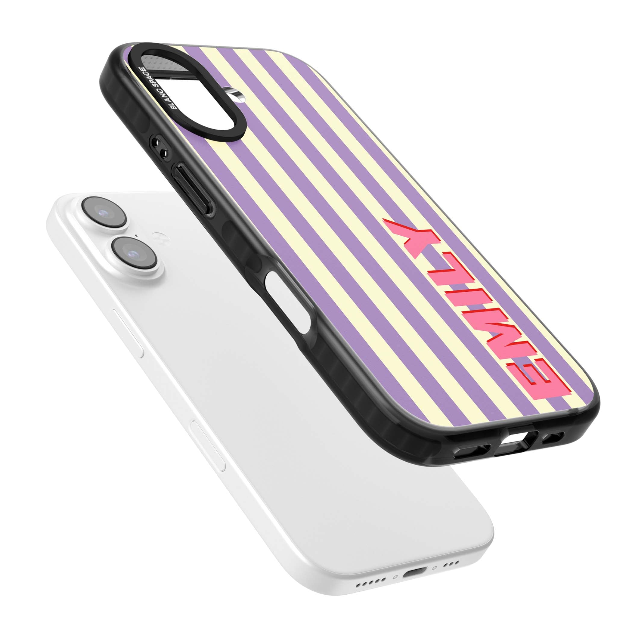 Valensole Stripe personalised iPhone case with purple and cream vertical stripes and pink custom name | Black Impact Magsafe case for iPhone 17
