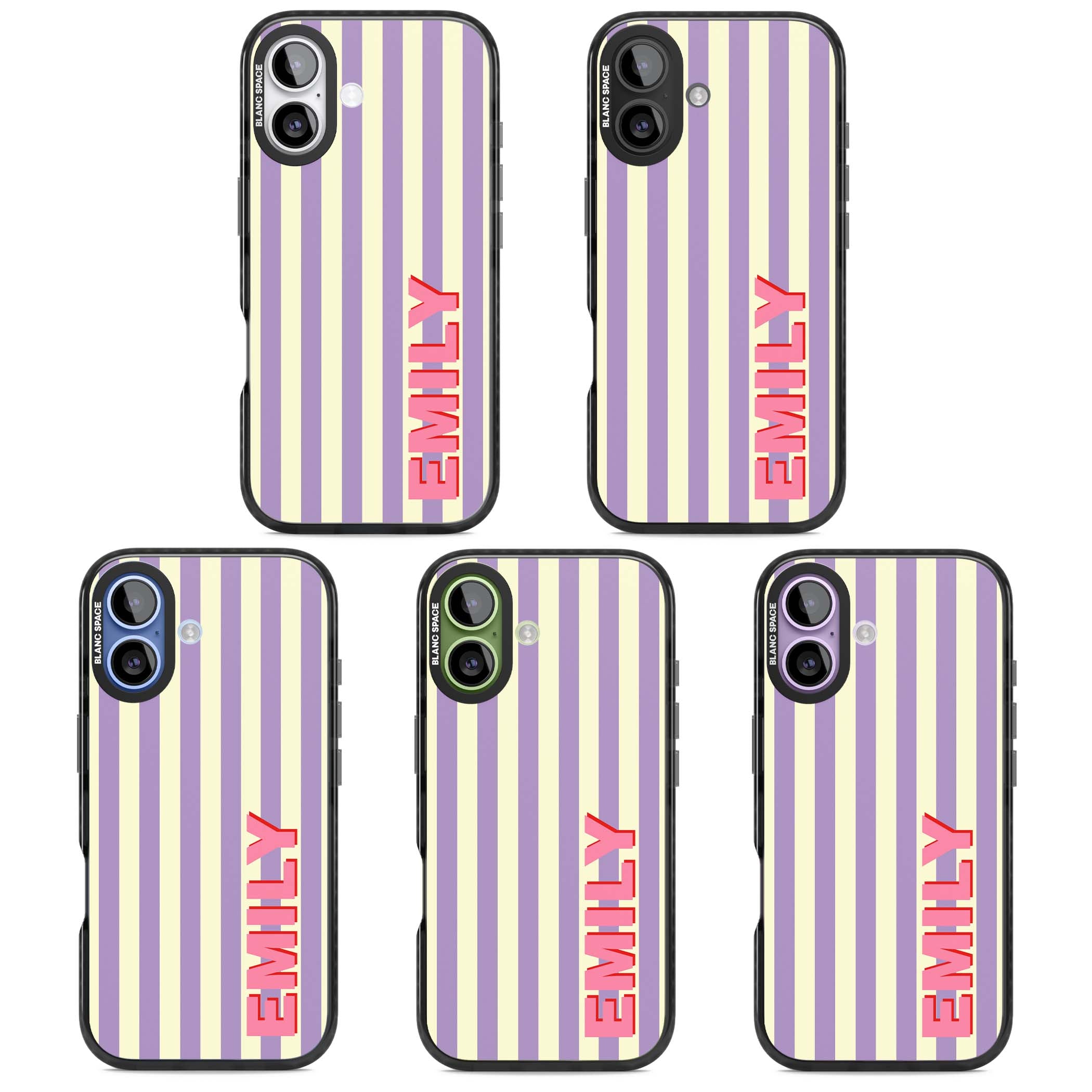 Valensole Stripe personalised iPhone case with purple and cream vertical stripes and pink custom name | Black Impact Magsafe case for iPhone 17